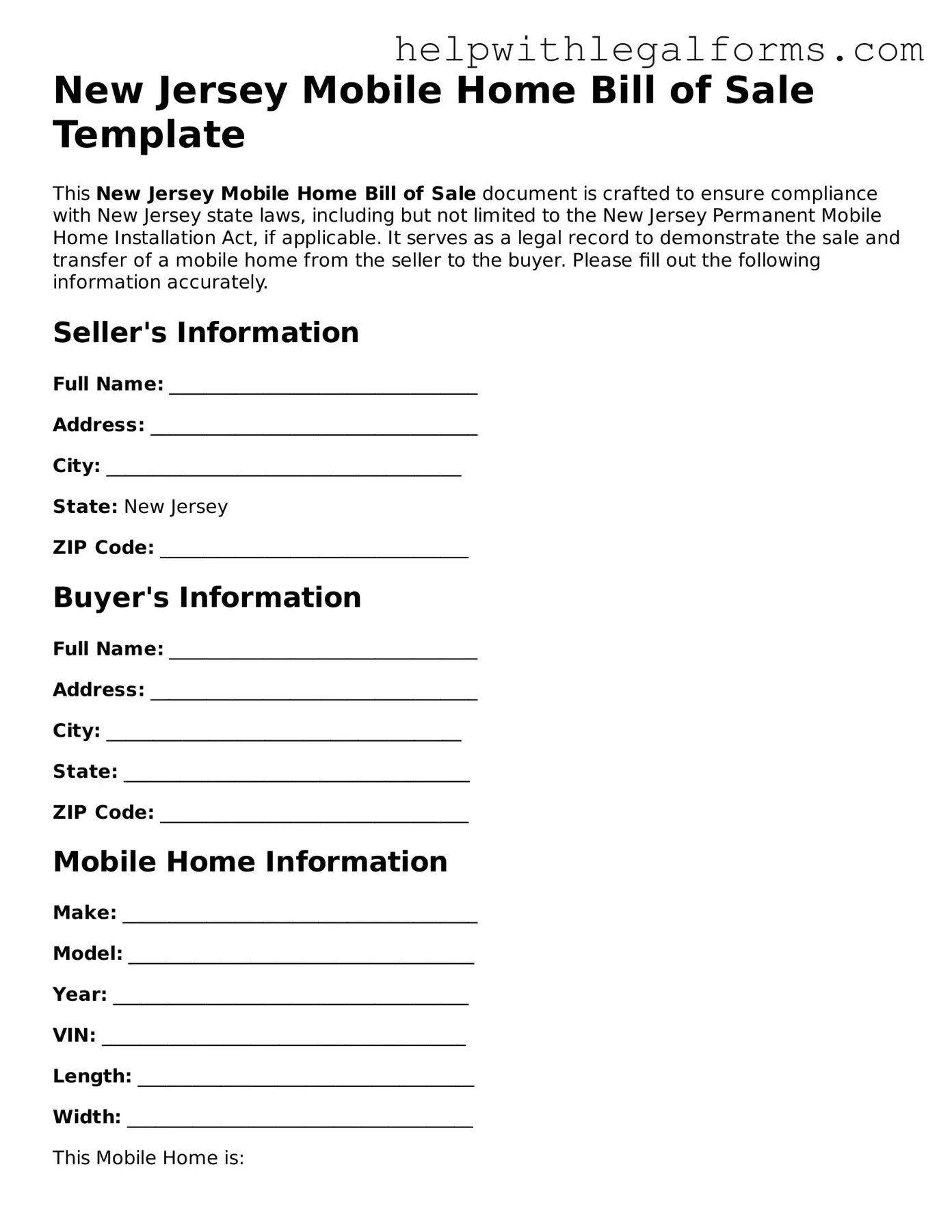 Blank  Mobile Home Bill of Sale Form for New Jersey