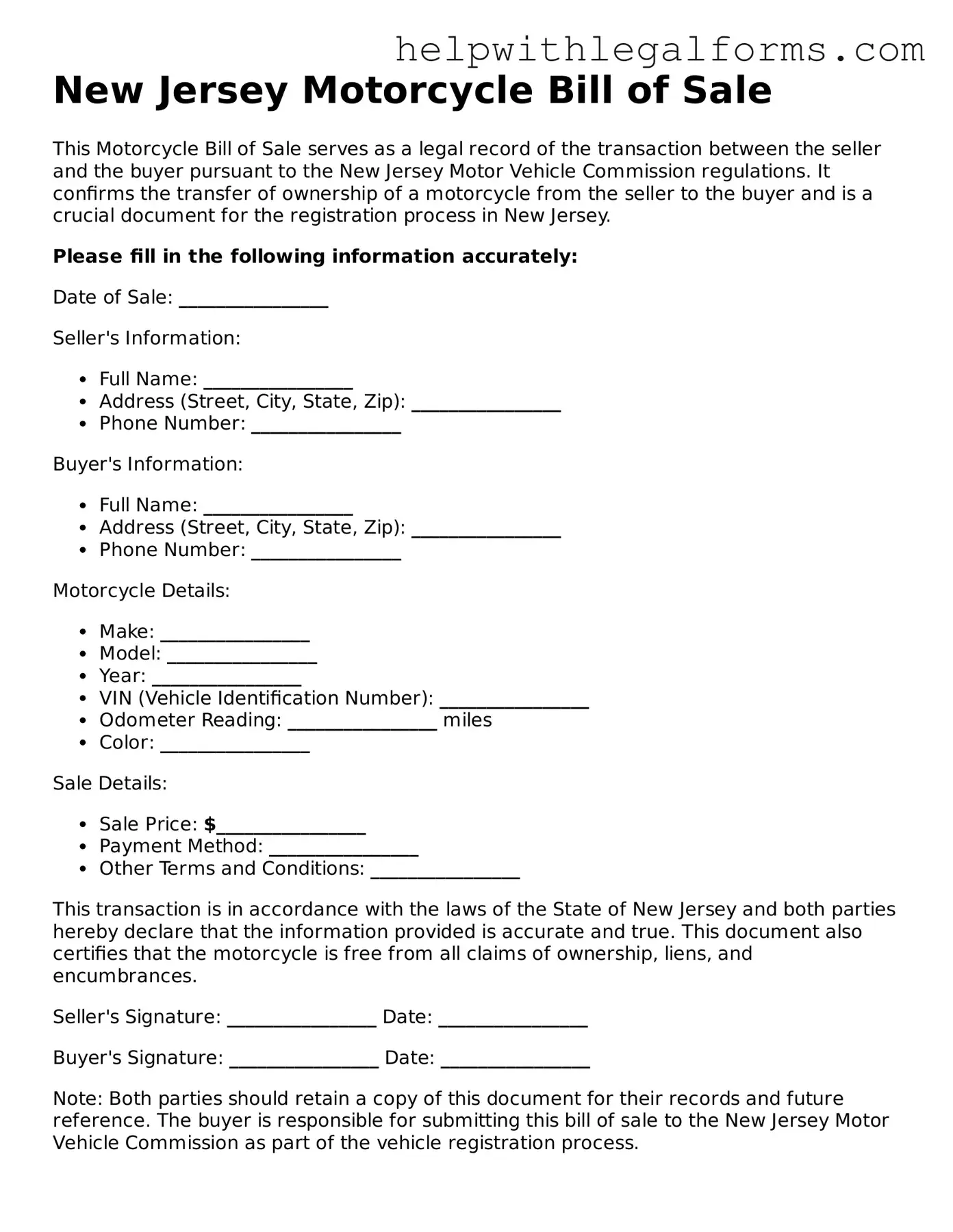 Blank  Motorcycle Bill of Sale Form for New Jersey