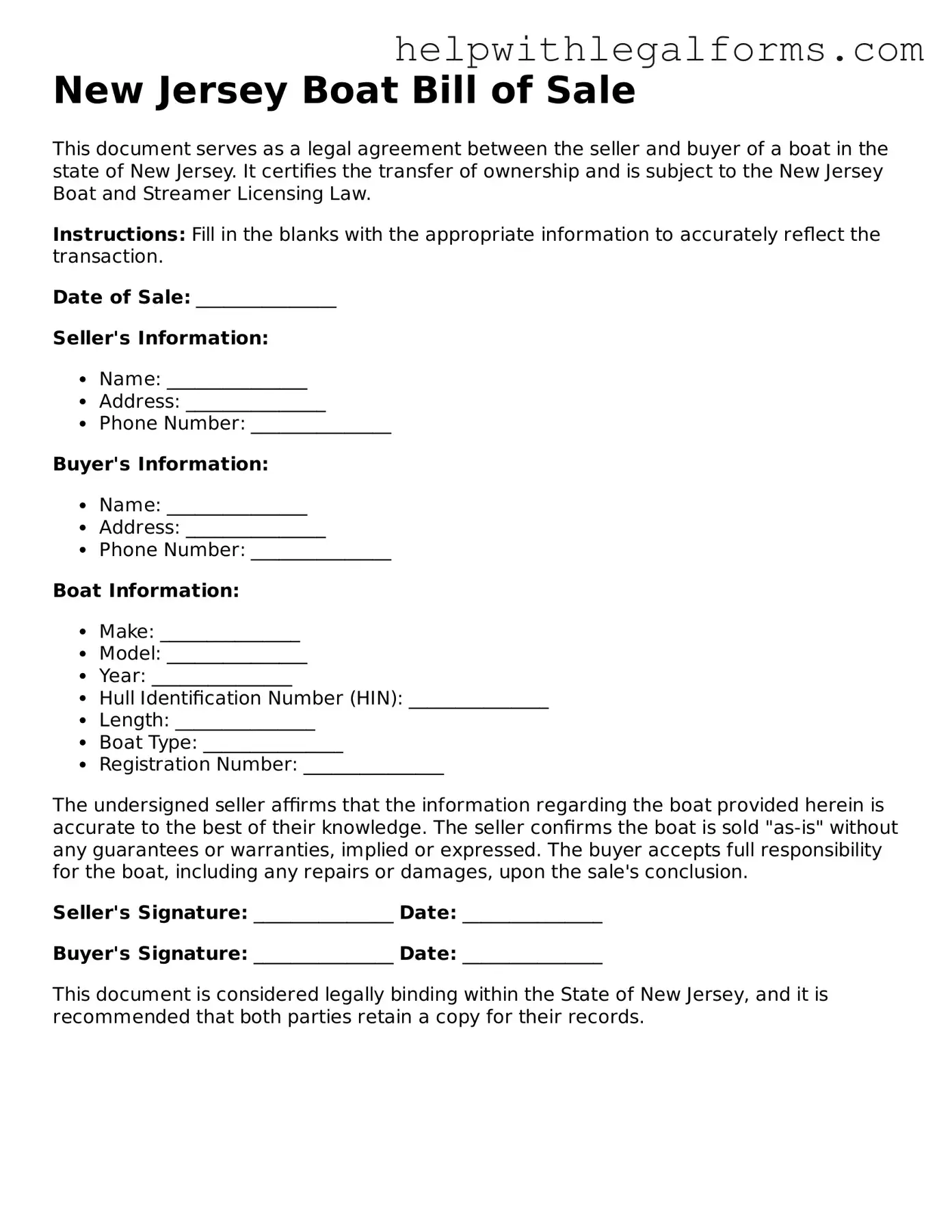 Blank  Boat Bill of Sale Form for New Jersey