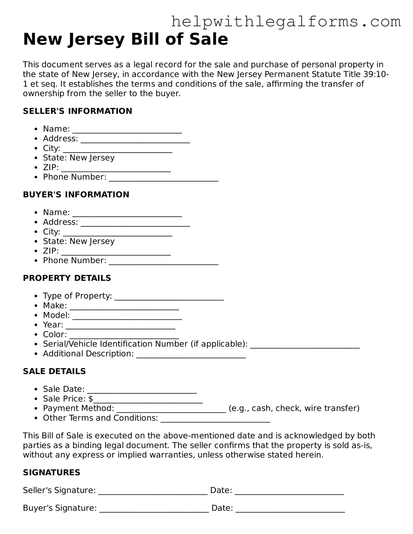 Blank  Bill of Sale Form for New Jersey