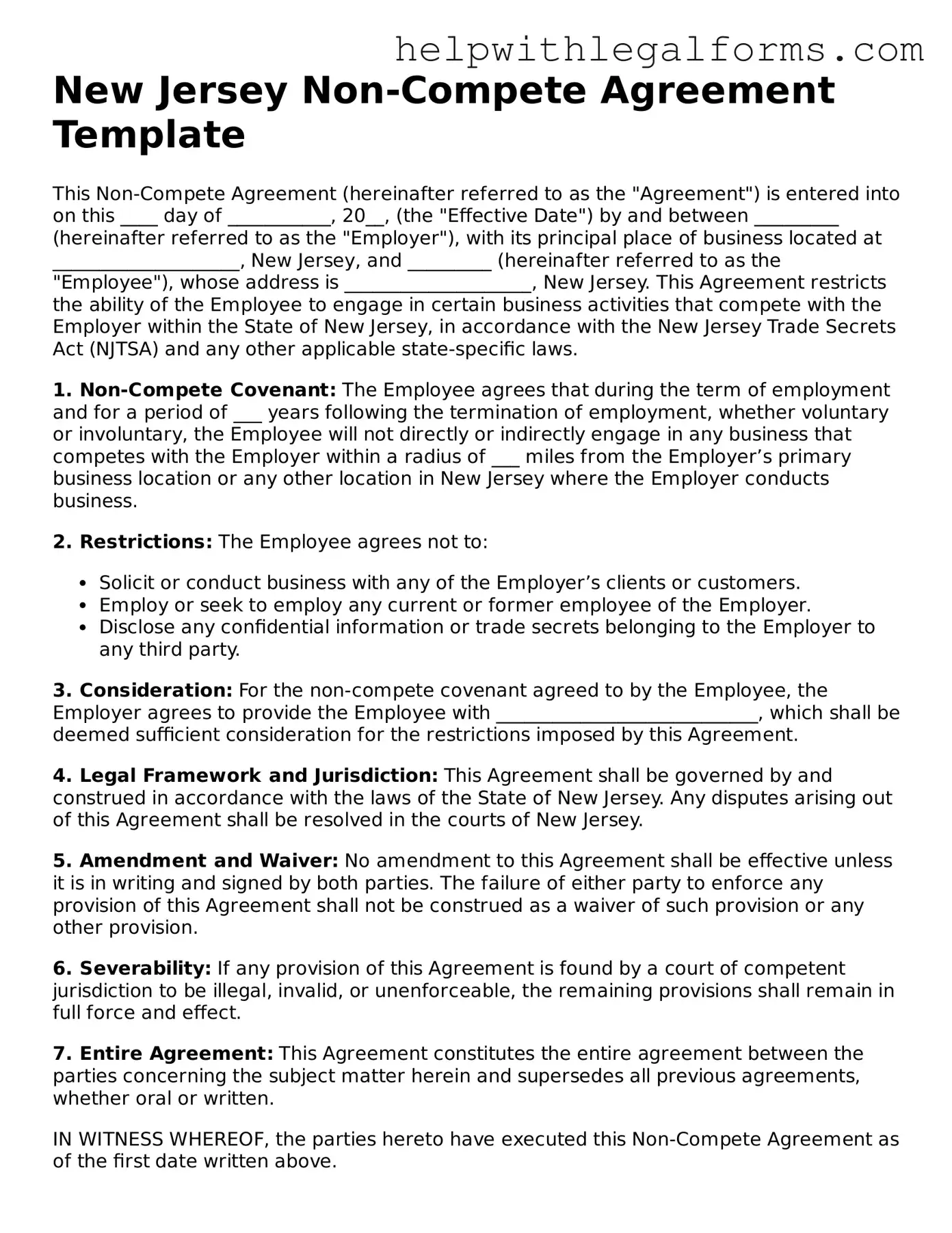 Blank  Non-compete Agreement Form for New Jersey