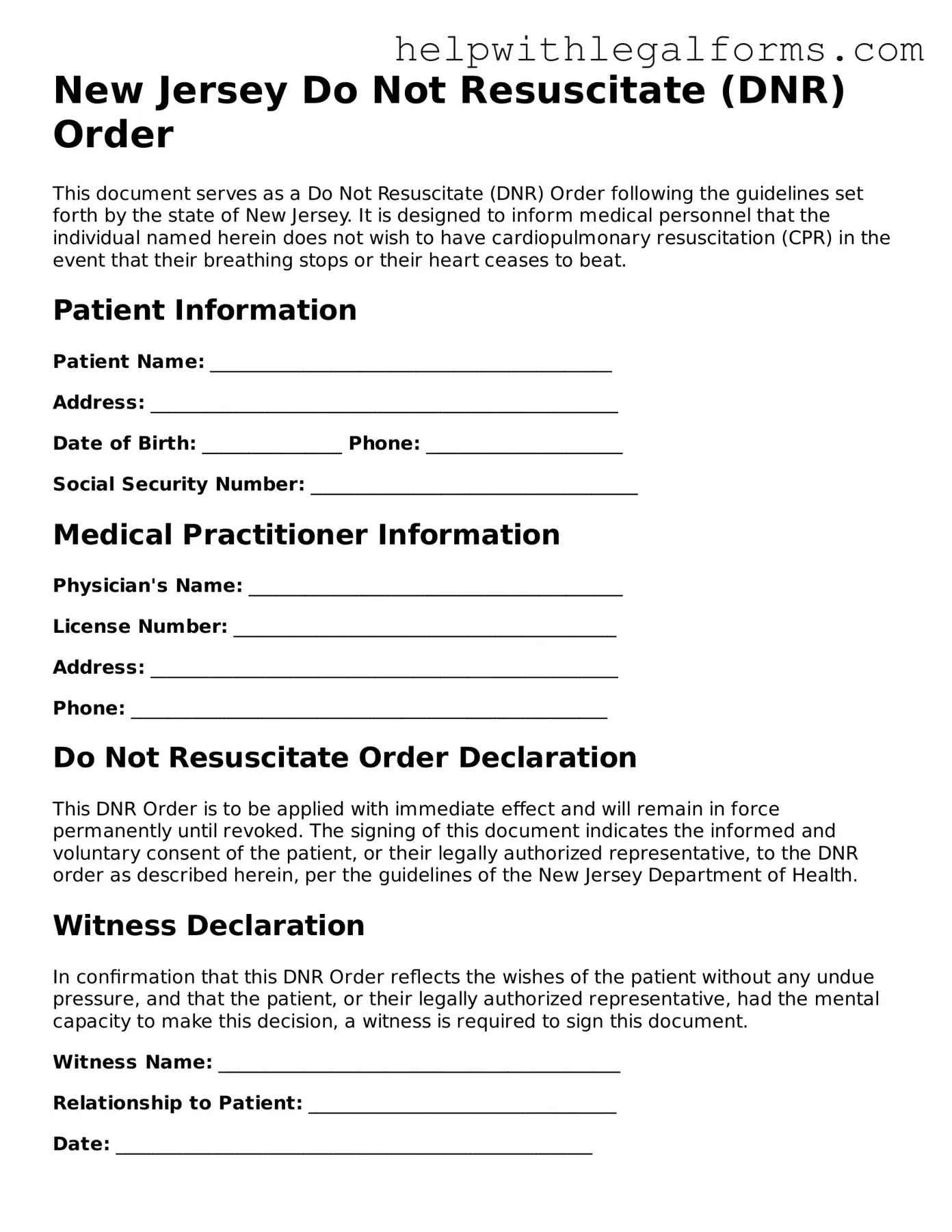 Blank  Do Not Resuscitate Order Form for New Jersey