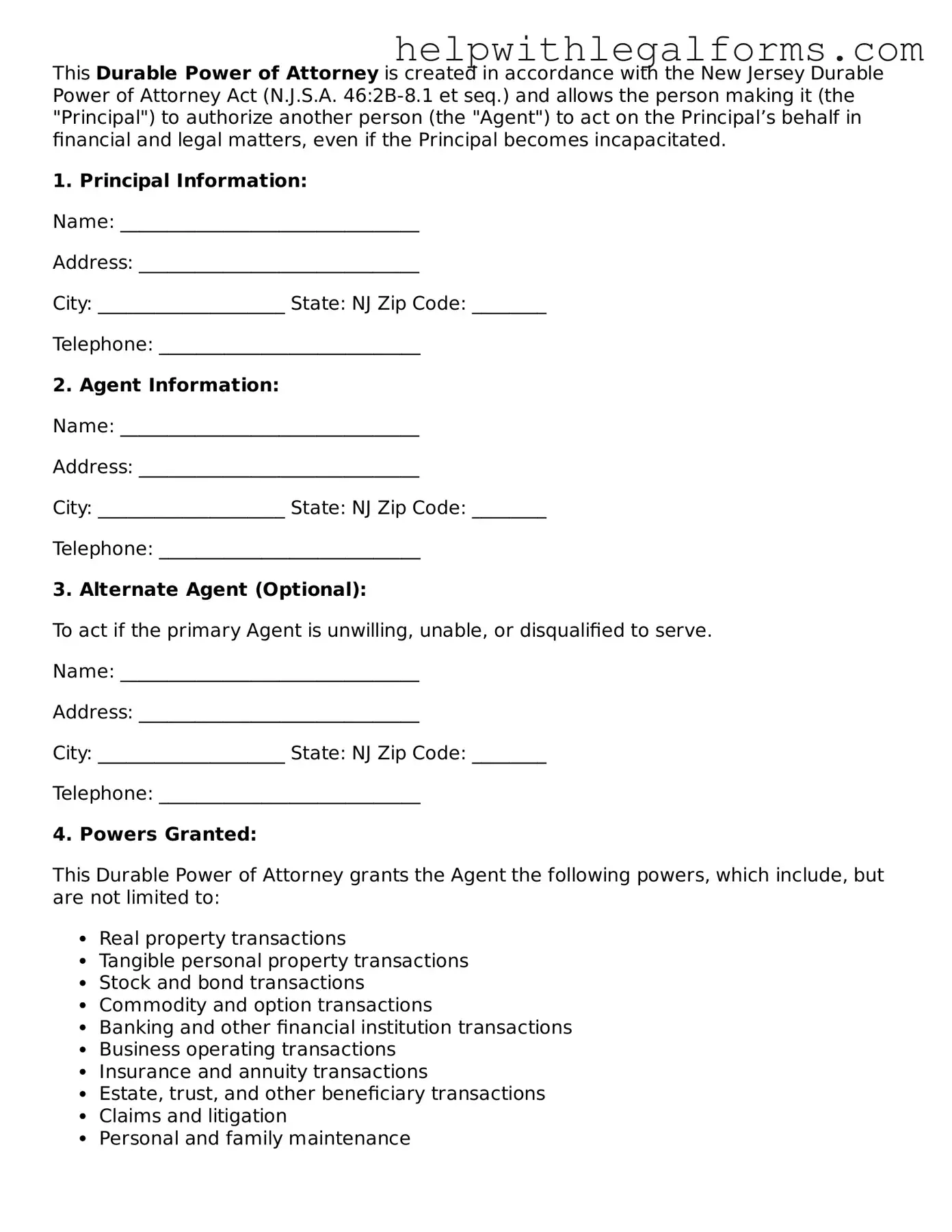 Blank  Durable Power of Attorney Form for New Jersey