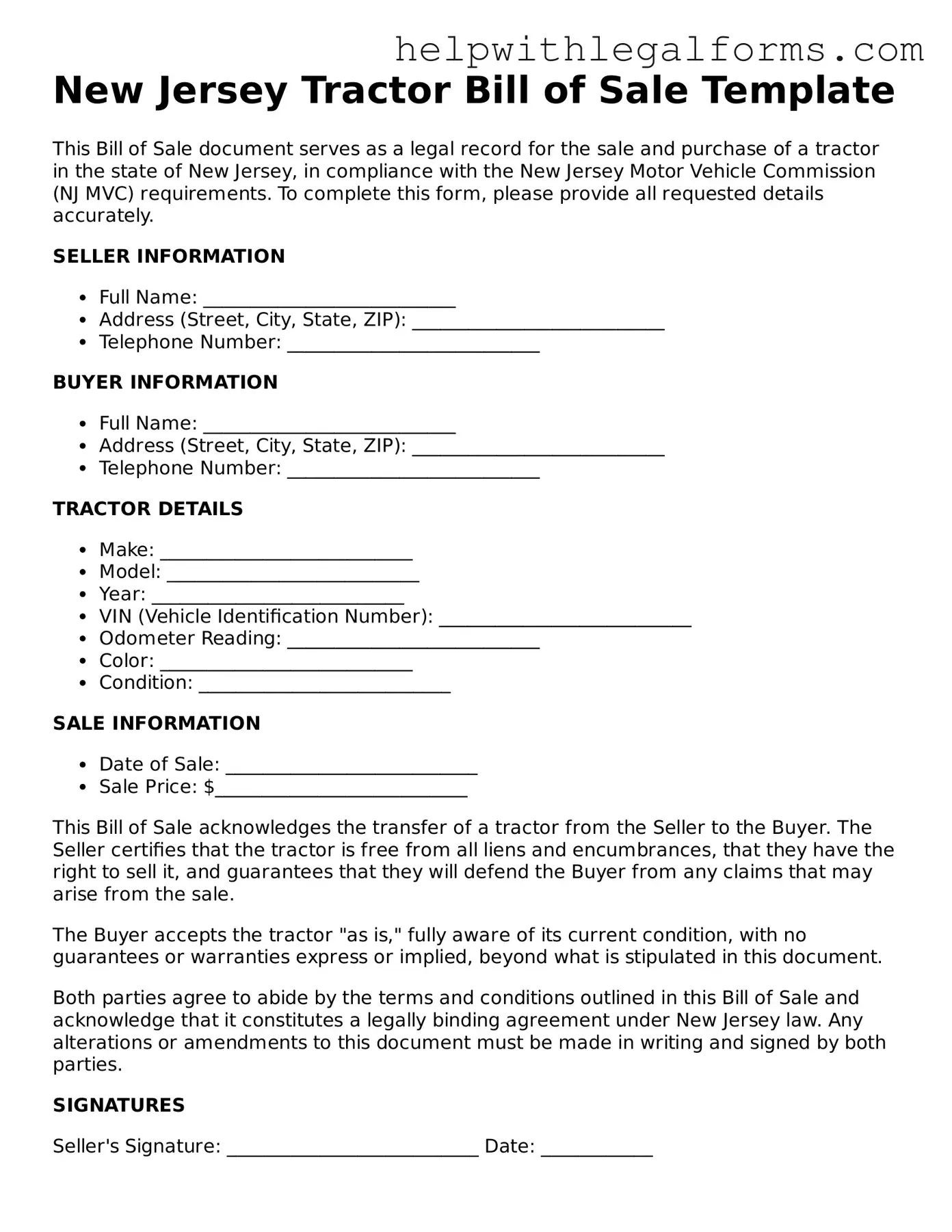 Blank  Tractor Bill of Sale Form for New Jersey