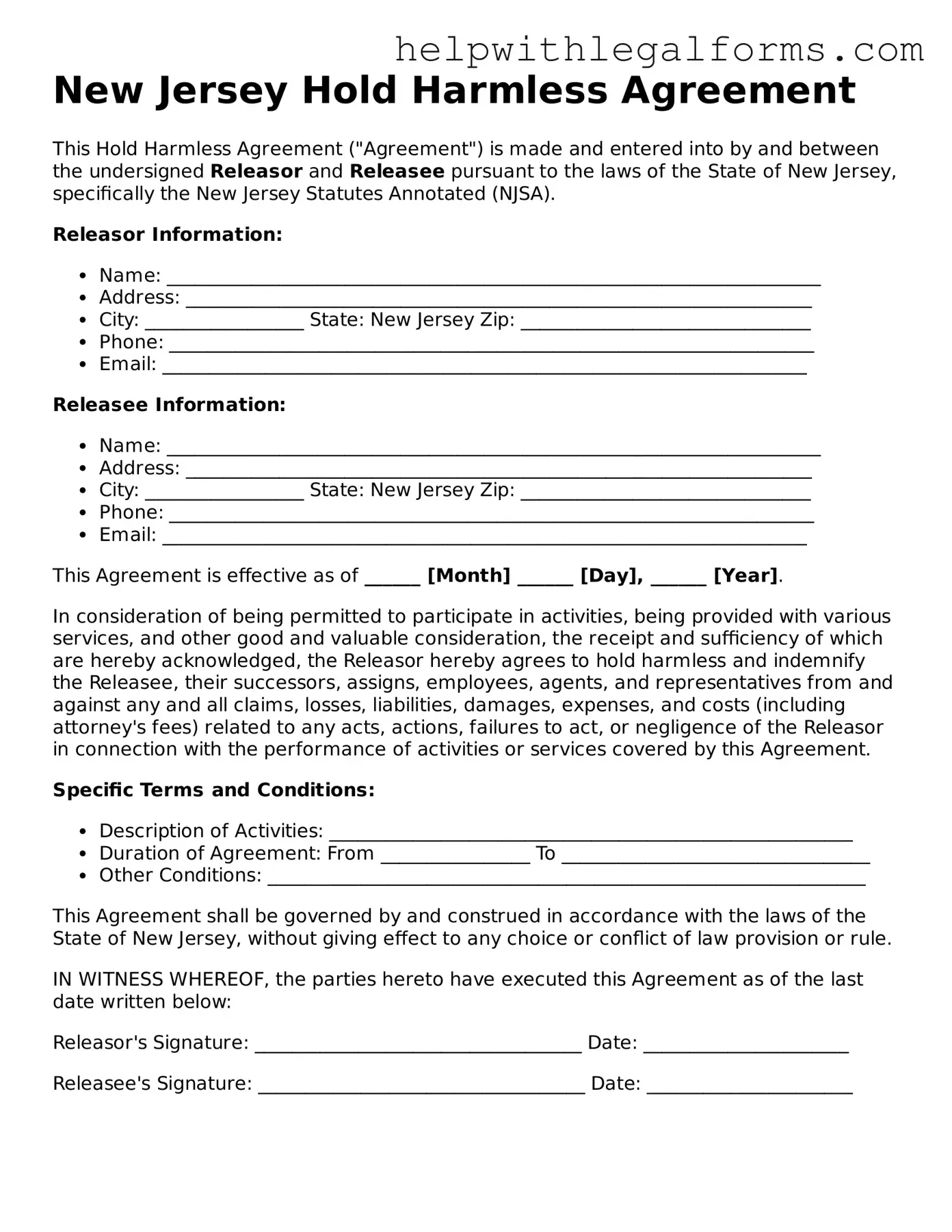 Blank  Hold Harmless Agreement Form for New Jersey