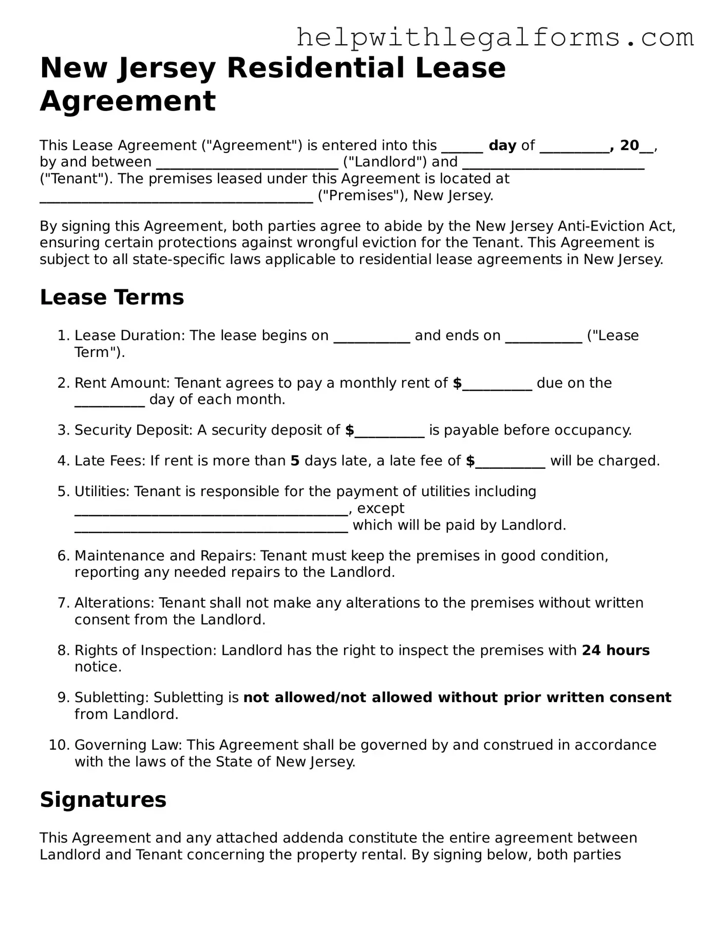 Blank  Residential Lease Agreement Form for New Jersey