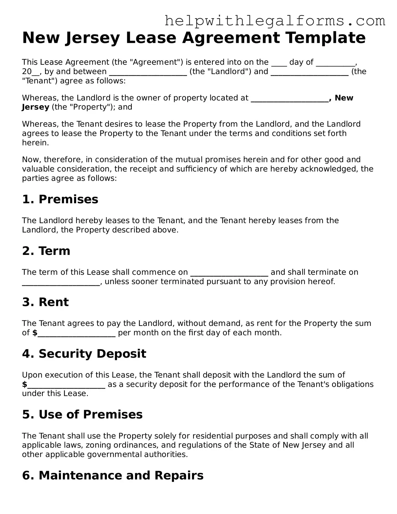 Blank  Lease Agreement Form for New Jersey