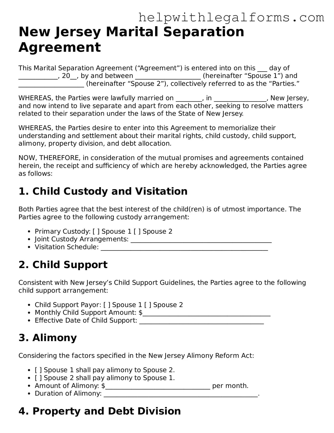 Blank  Marital Separation Agreement Form for New Jersey