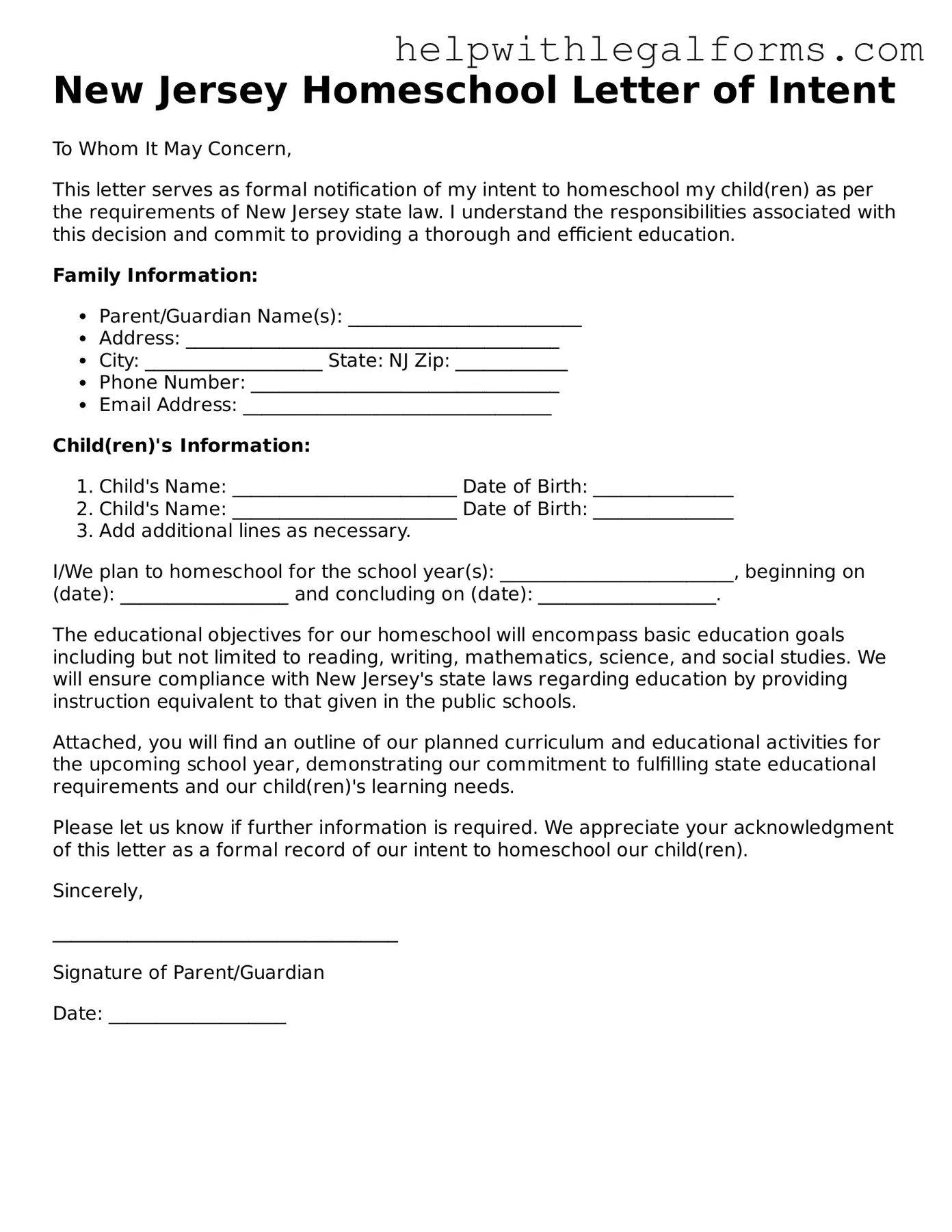 Blank  Homeschool Letter of Intent Form for New Jersey