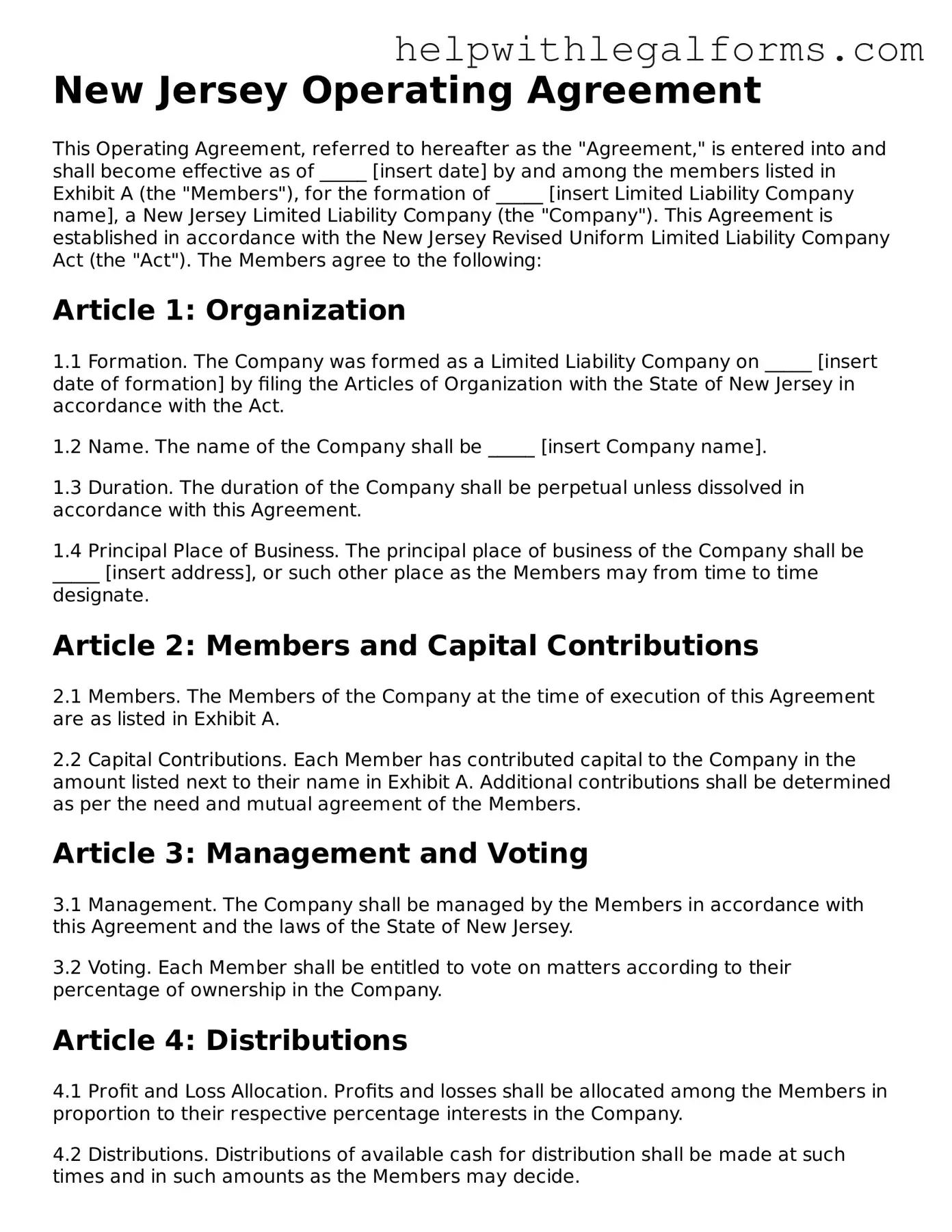 Blank  Operating Agreement Form for New Jersey
