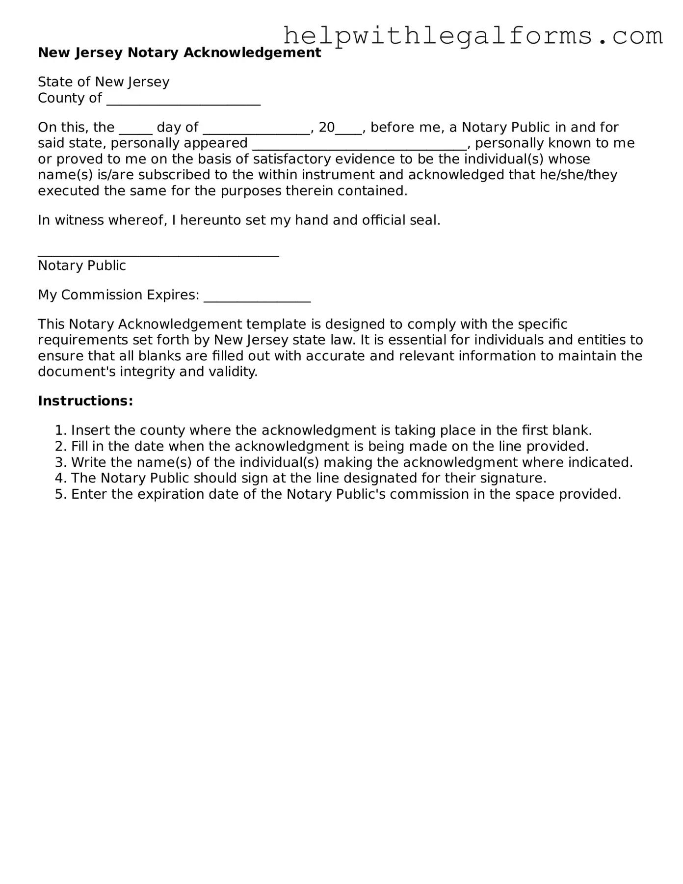 Blank  Notary Acknowledgement Form for New Jersey