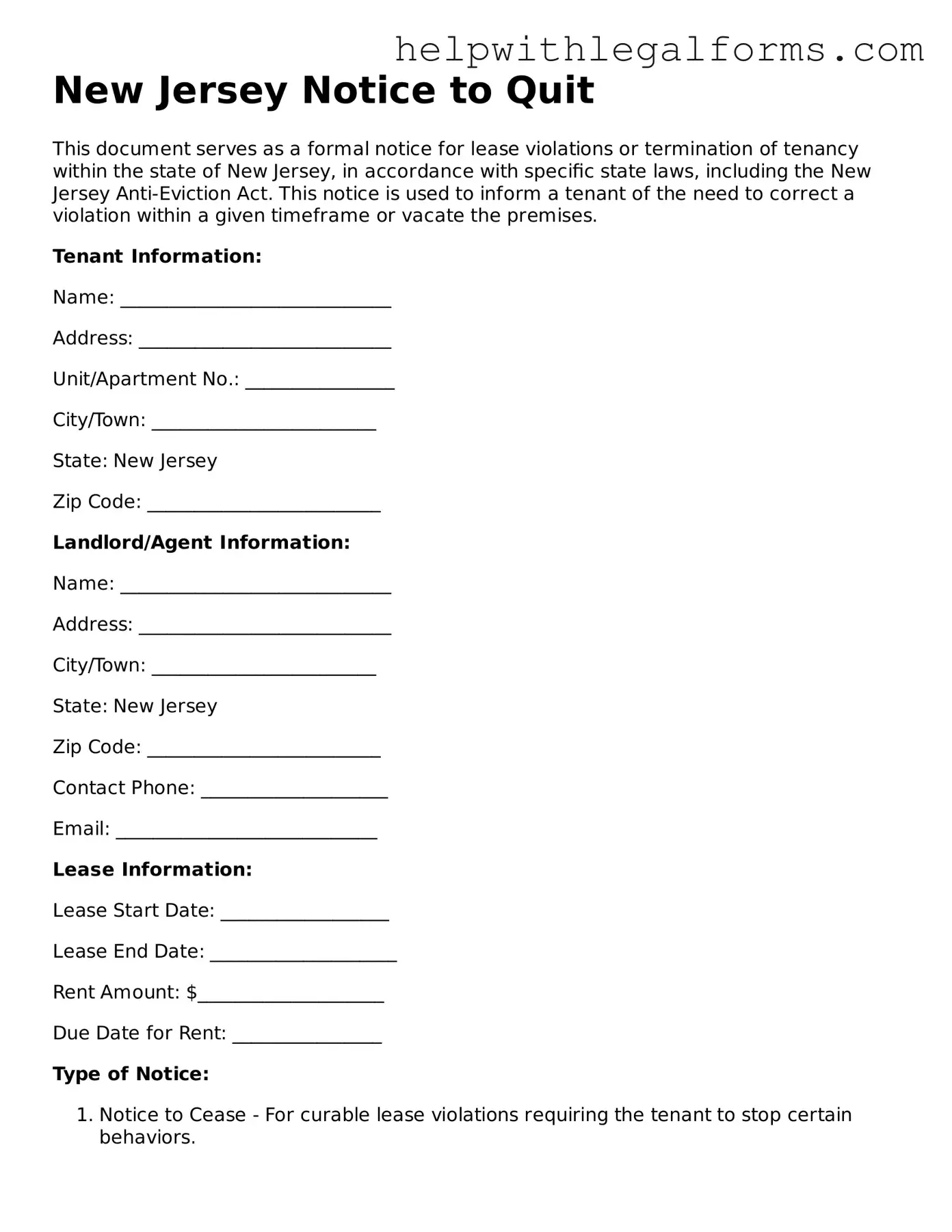 Blank  Notice to Quit Form for New Jersey