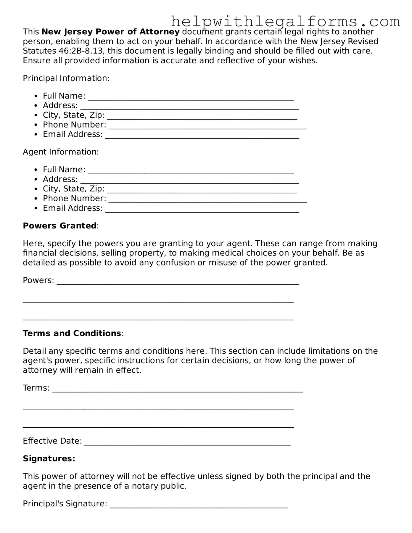 Blank  Power of Attorney Form for New Jersey