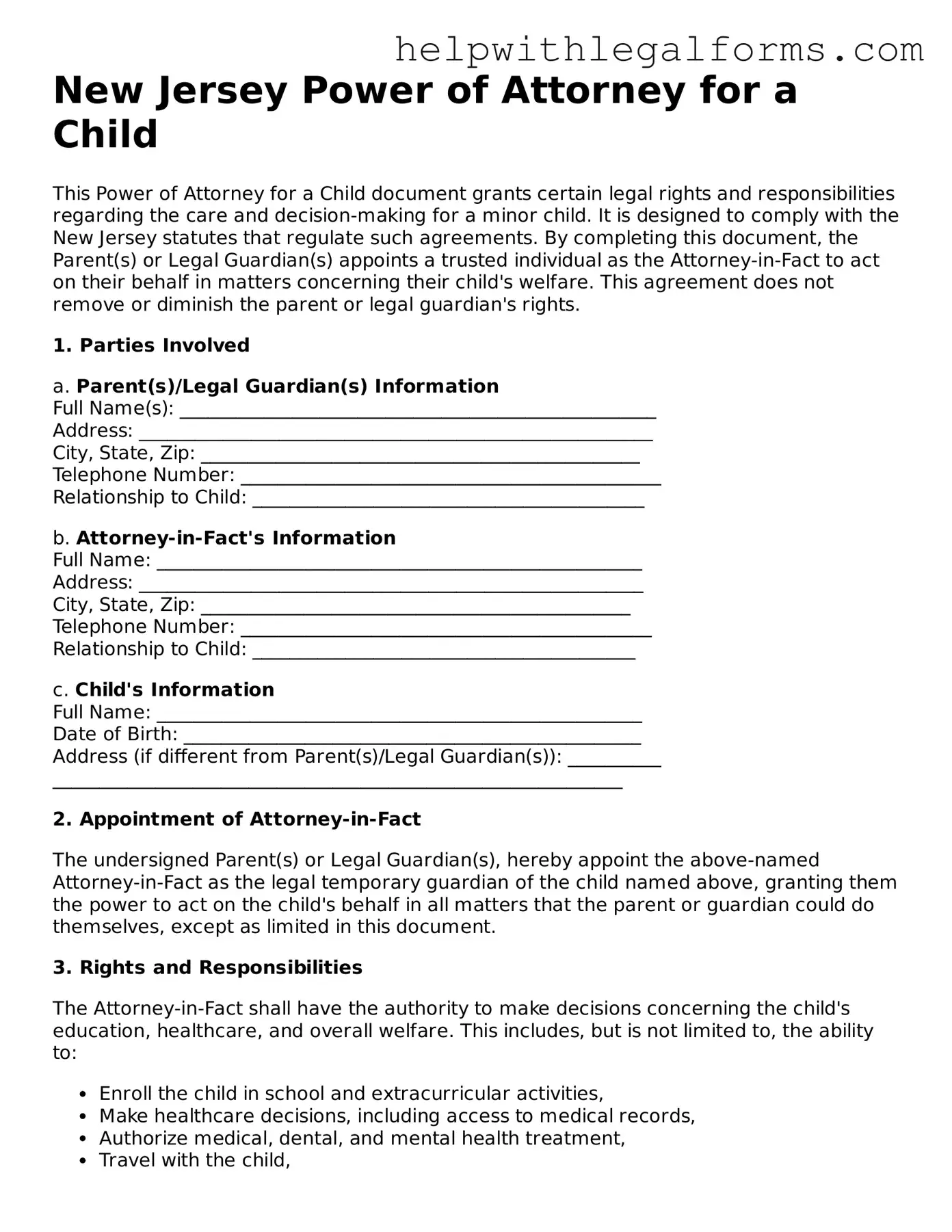 Blank  Power of Attorney for a Child Form for New Jersey