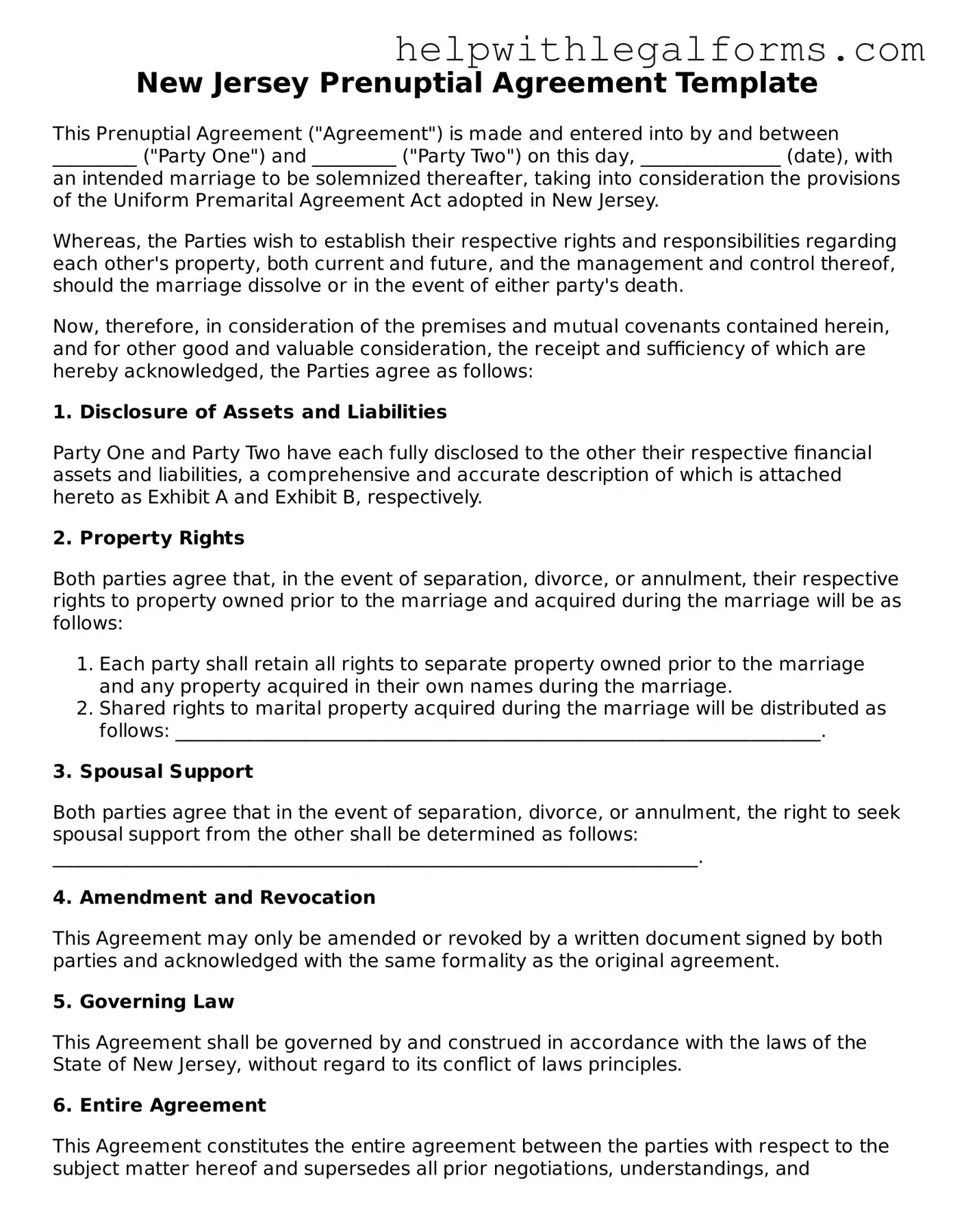 Blank  Prenuptial Agreement Form for New Jersey