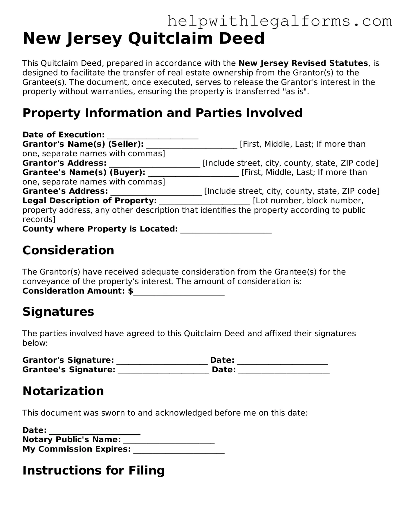 Blank  Quitclaim Deed Form for New Jersey