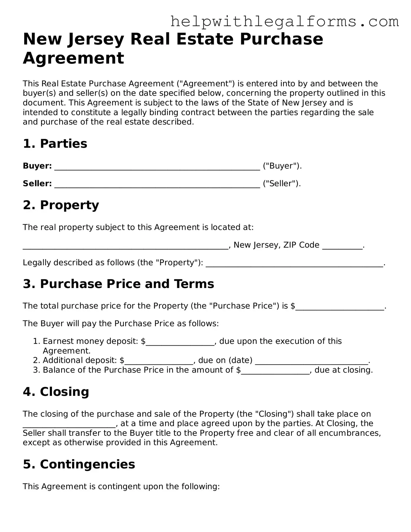 Blank  Real Estate Purchase Agreement Form for New Jersey