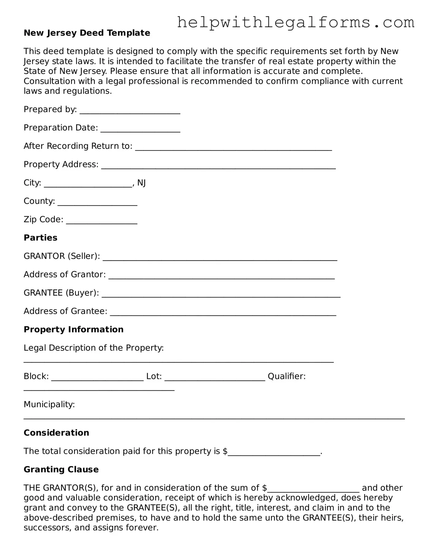 Blank  Deed Form for New Jersey