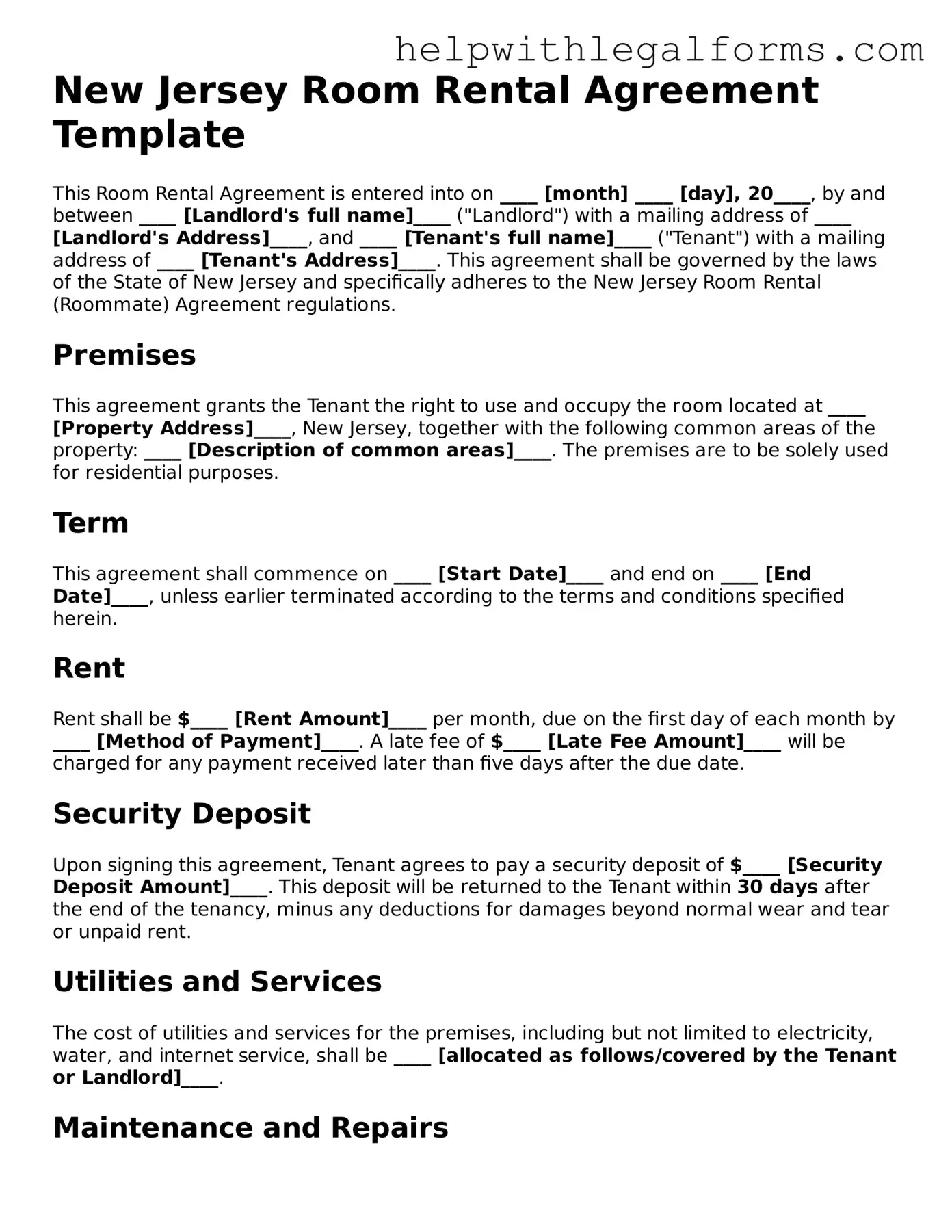 Blank  Room Rental Agreement Form for New Jersey