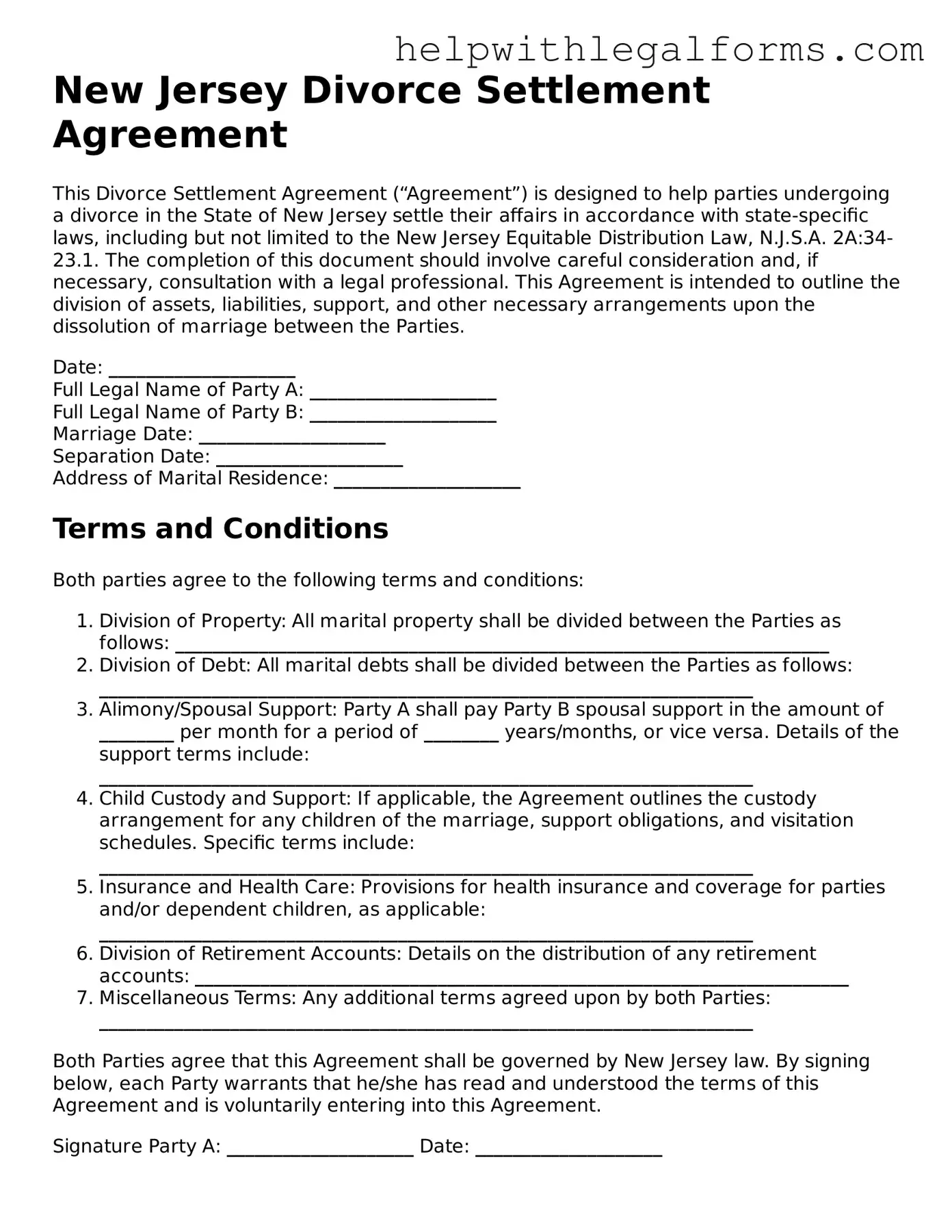 Blank  Divorce Settlement Agreement Form for New Jersey