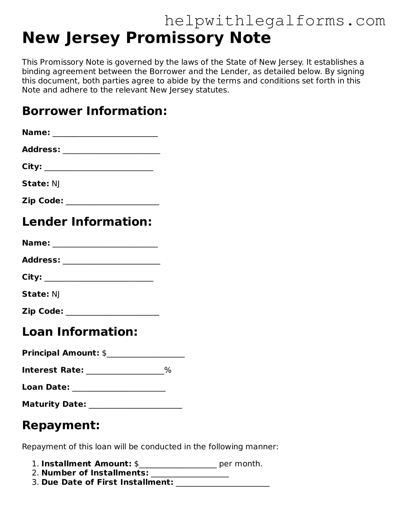 Blank  Promissory Note Form for New Jersey