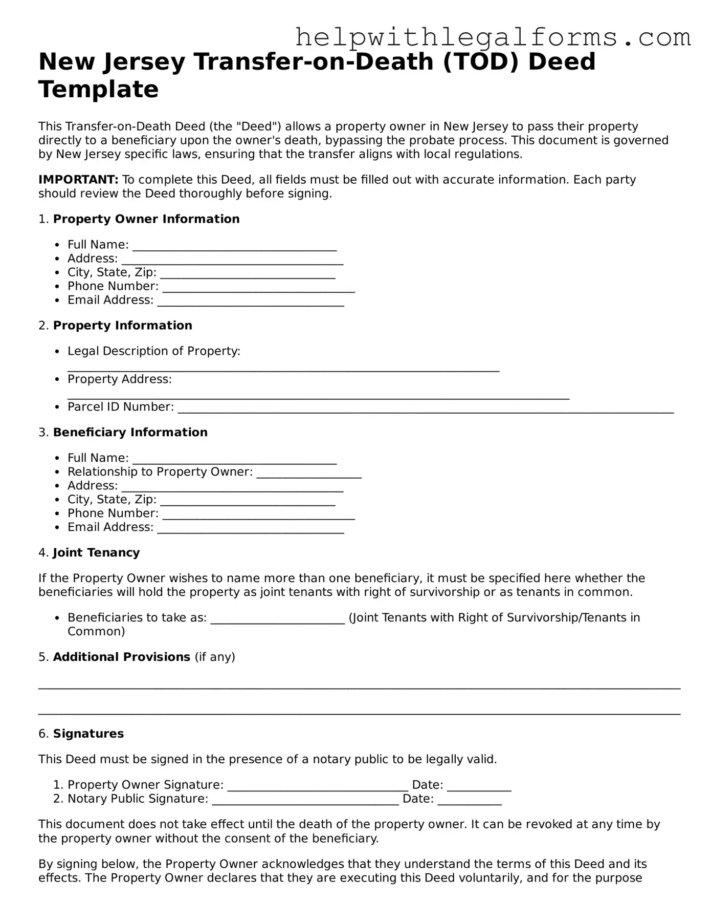 Blank  Transfer-on-Death Deed Form for New Jersey