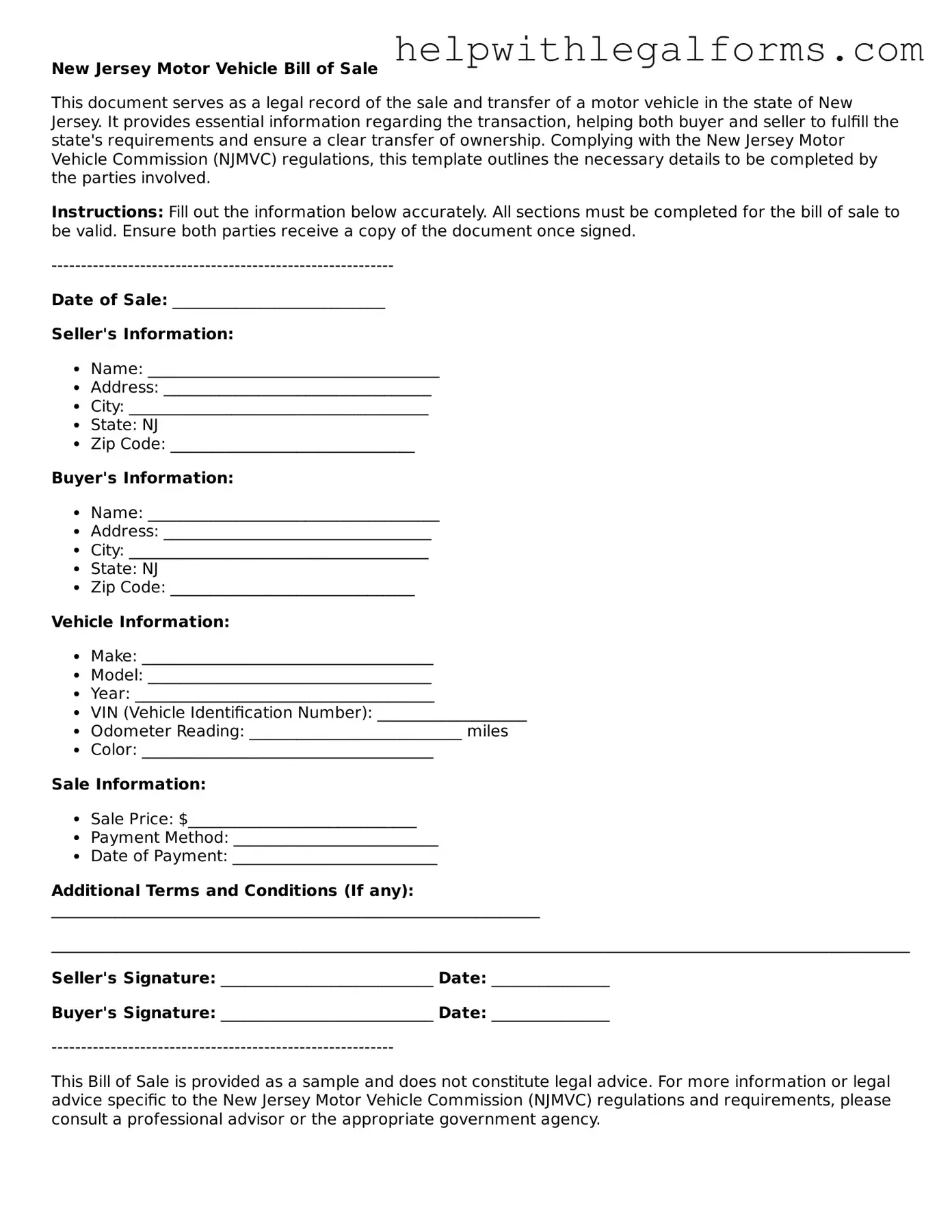 Blank  Motor Vehicle Bill of Sale Form for New Jersey
