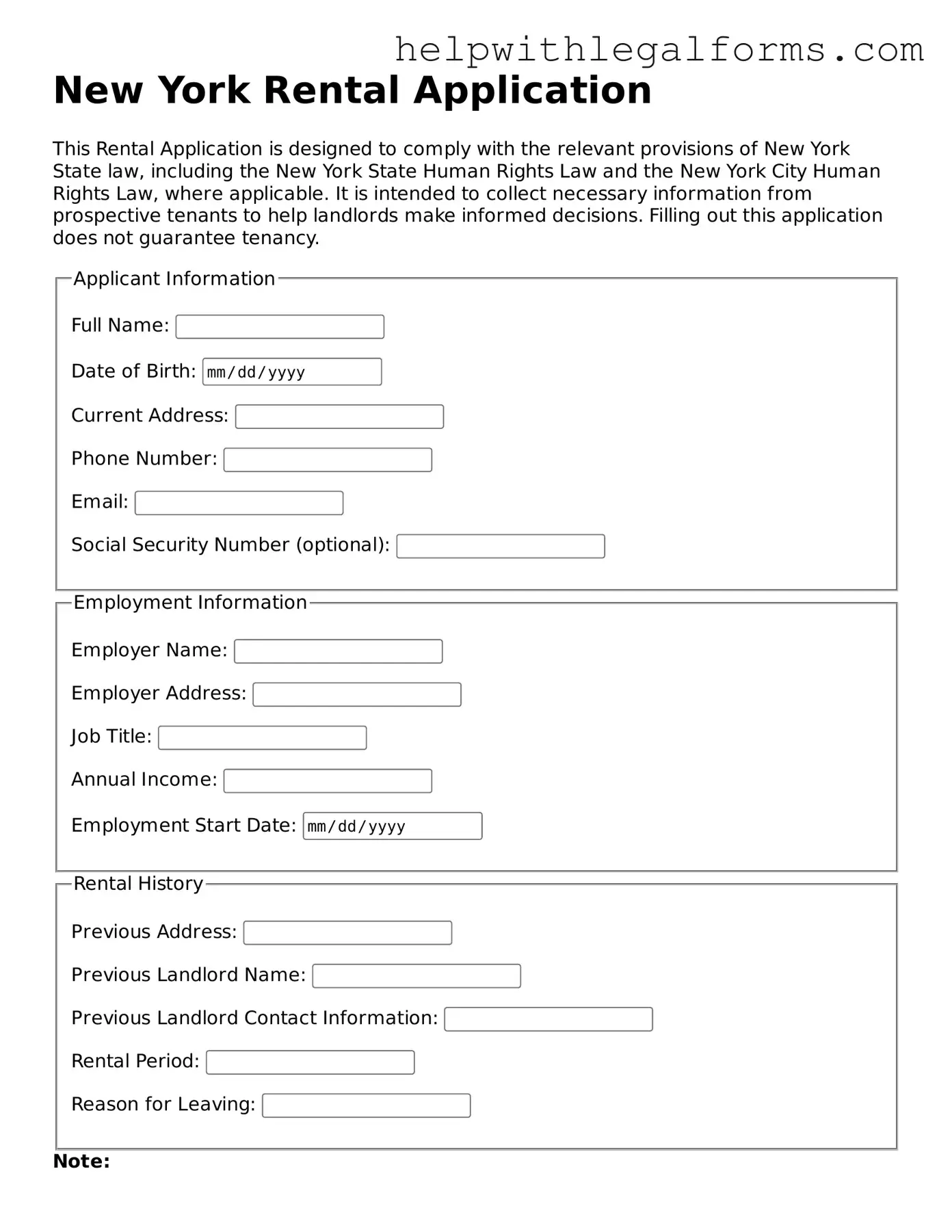 Blank  Rental Application Form for New York