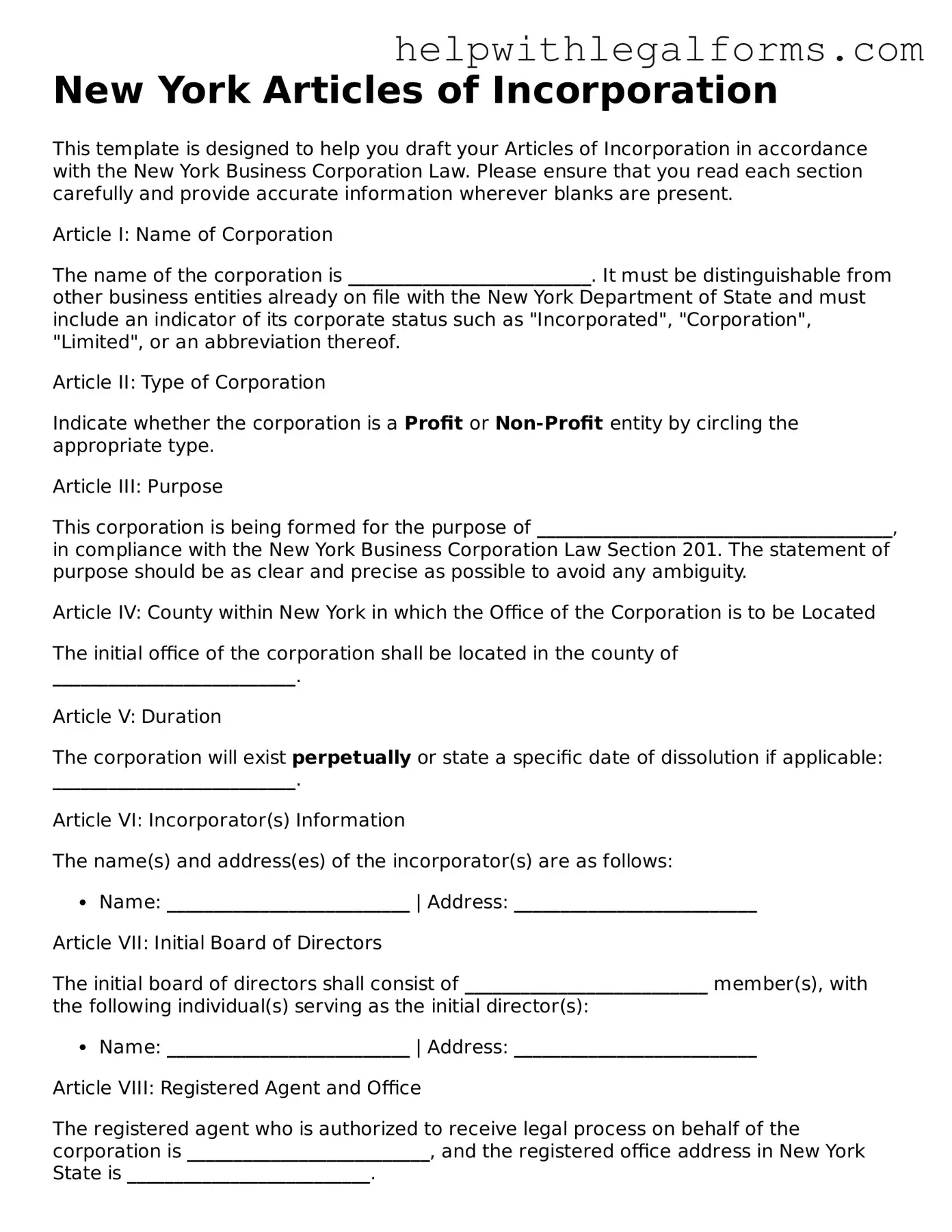 Blank  Articles of Incorporation Form for New York