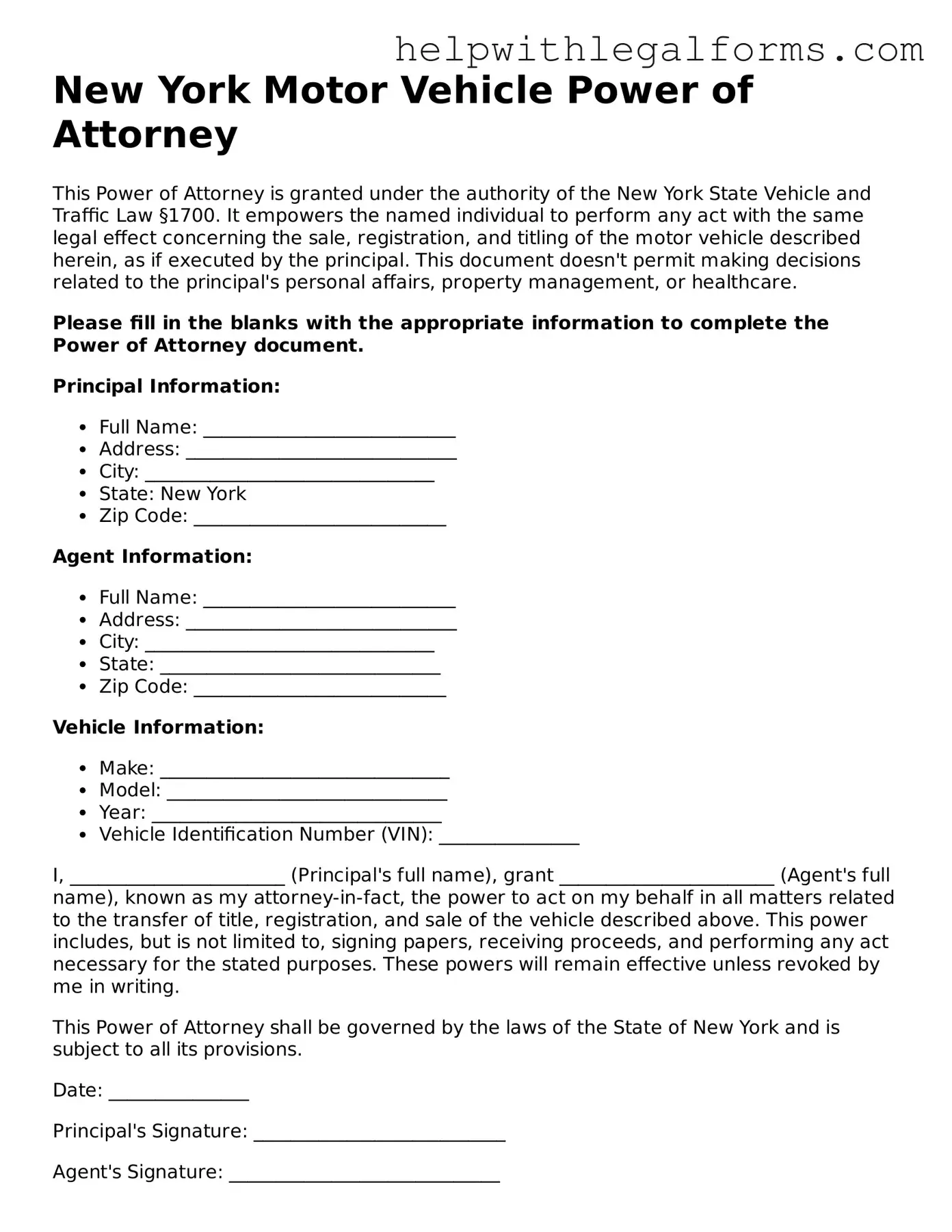 Blank  Motor Vehicle Power of Attorney Form for New York
