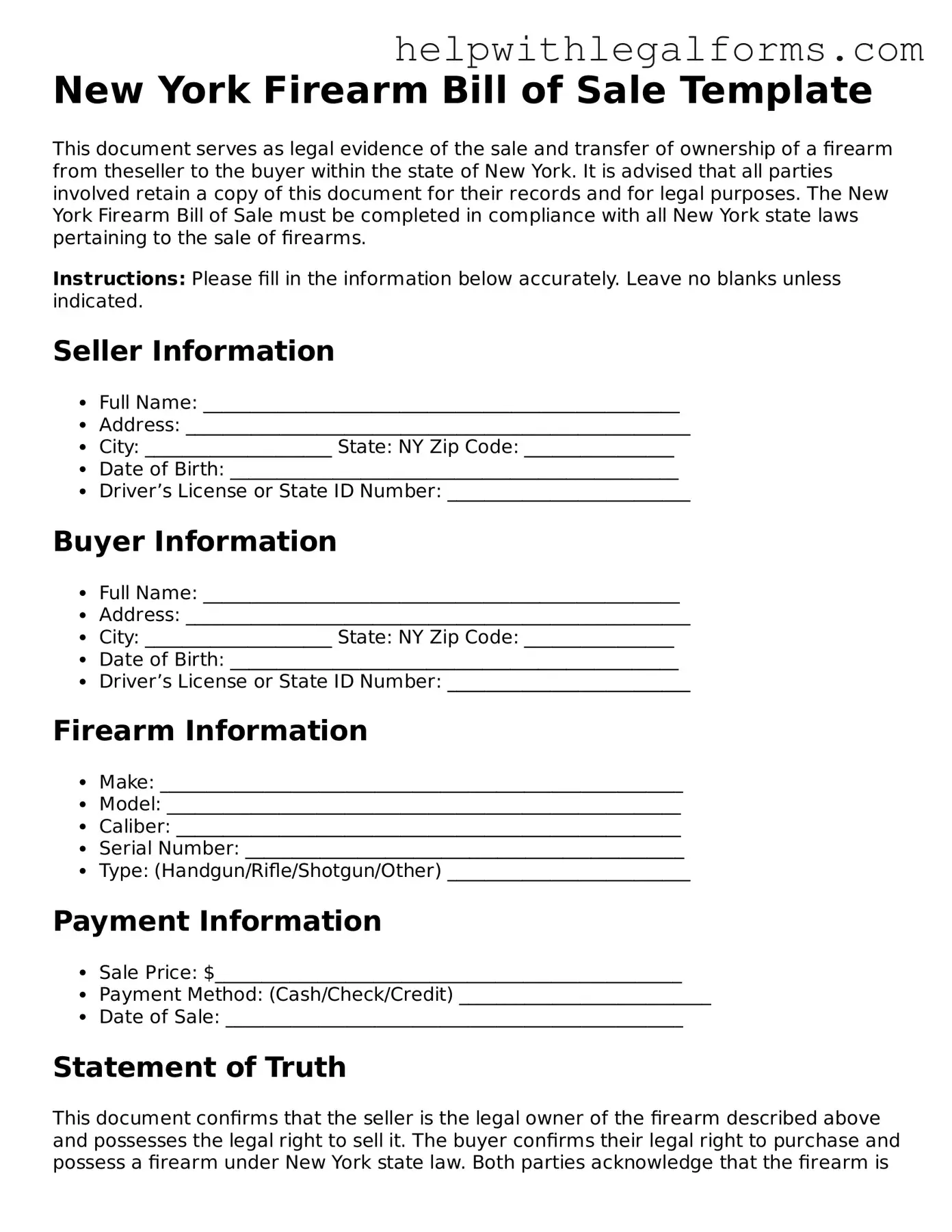 Blank  Firearm Bill of Sale Form for New York