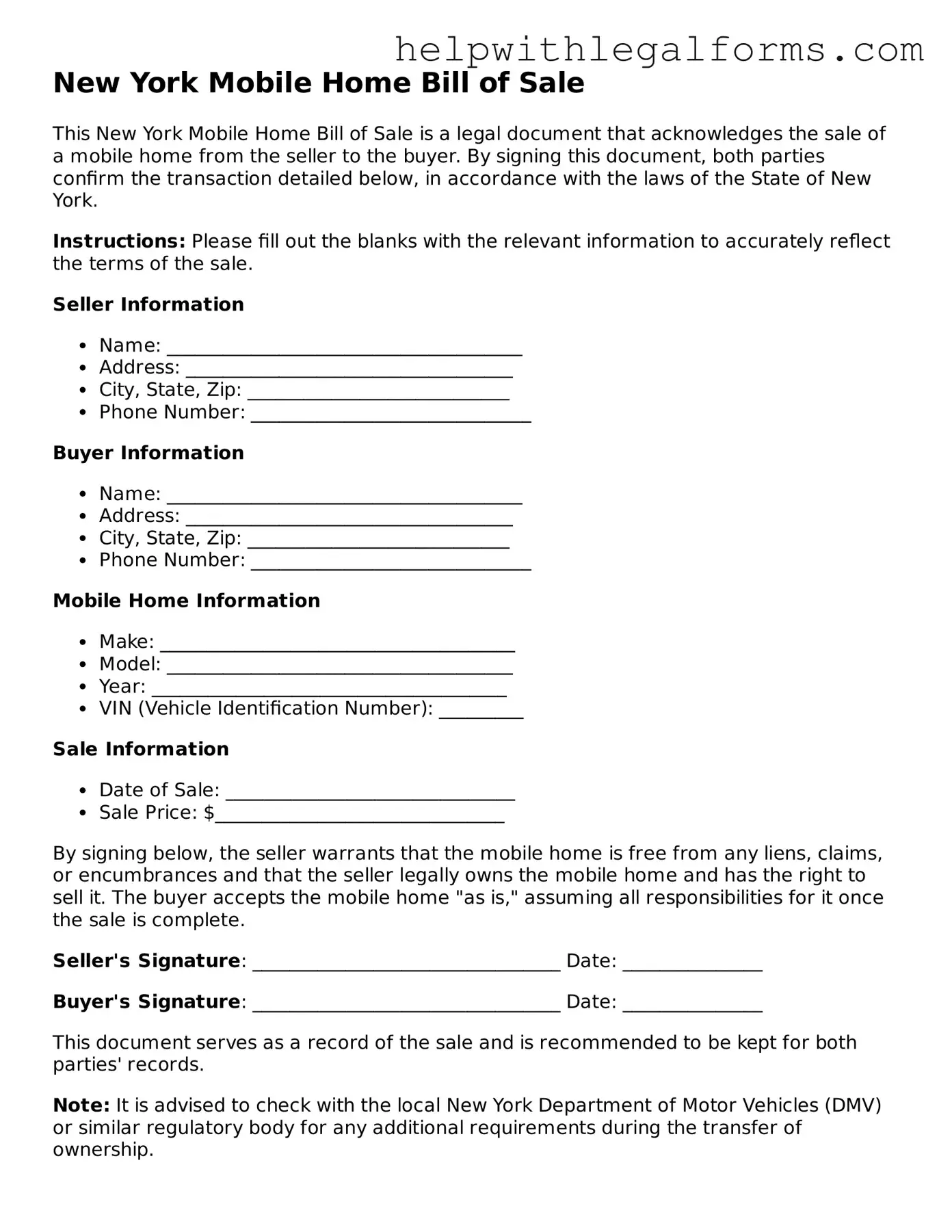 Blank  Mobile Home Bill of Sale Form for New York