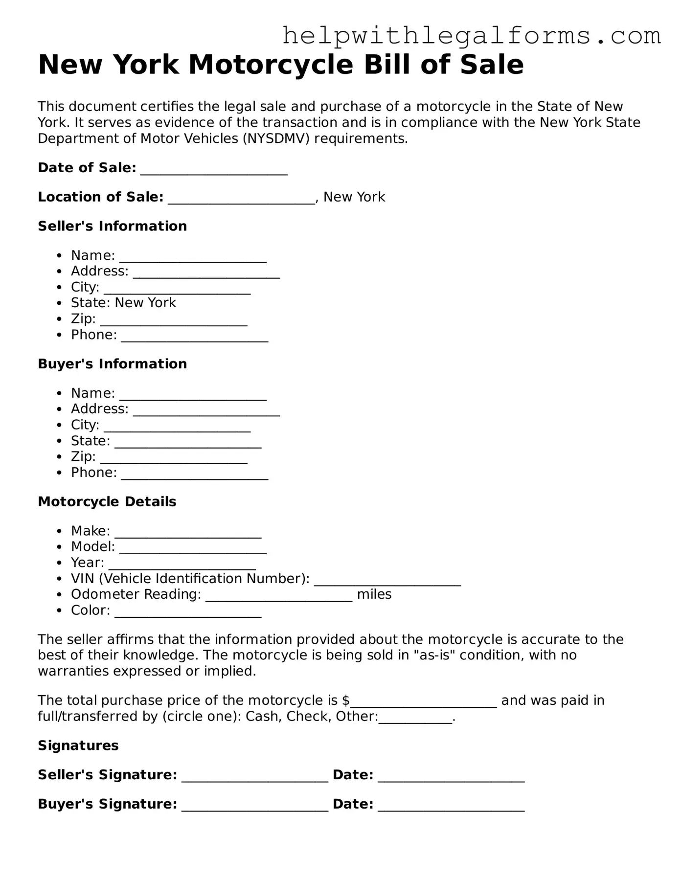 Blank  Motorcycle Bill of Sale Form for New York