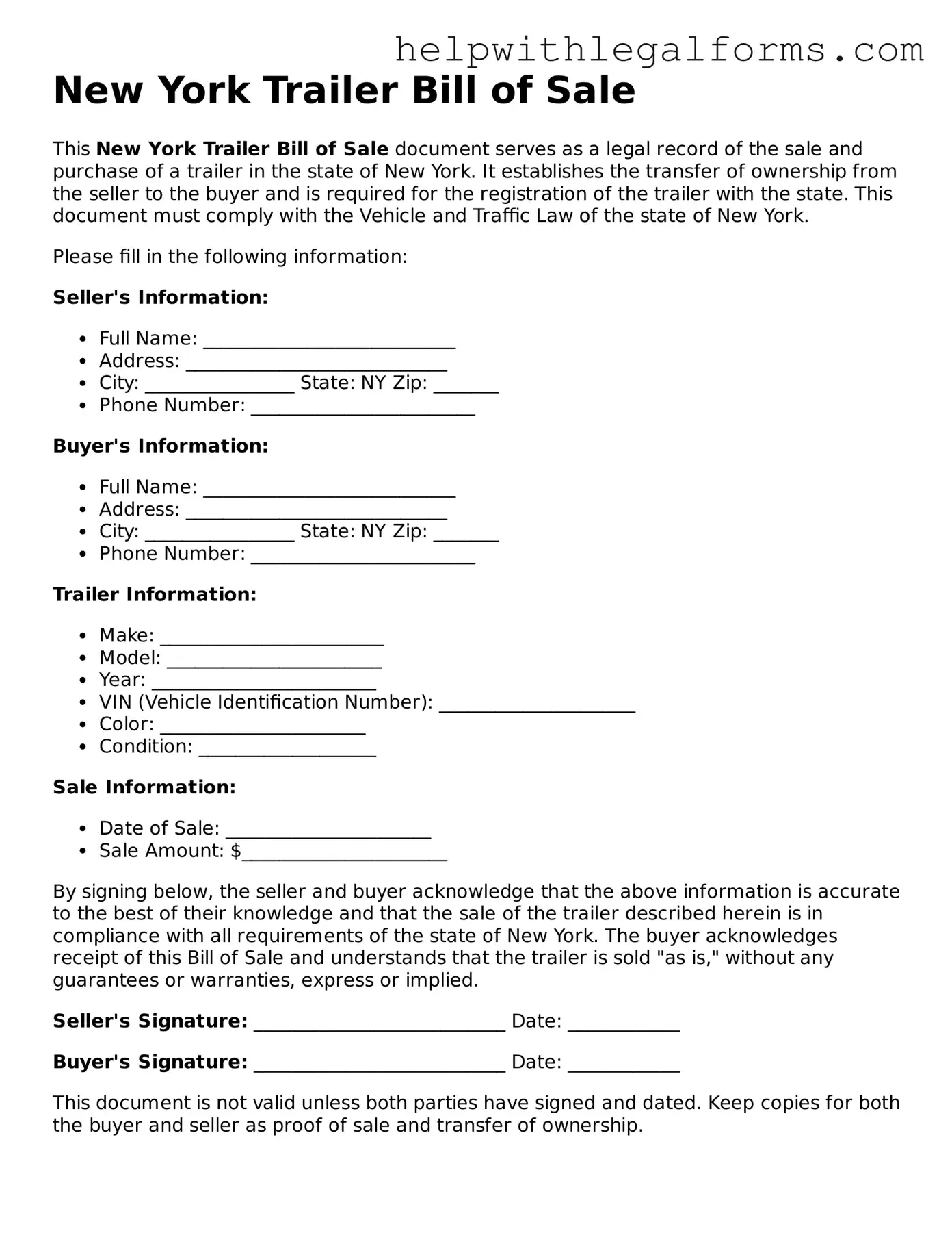 Blank  Trailer Bill of Sale Form for New York