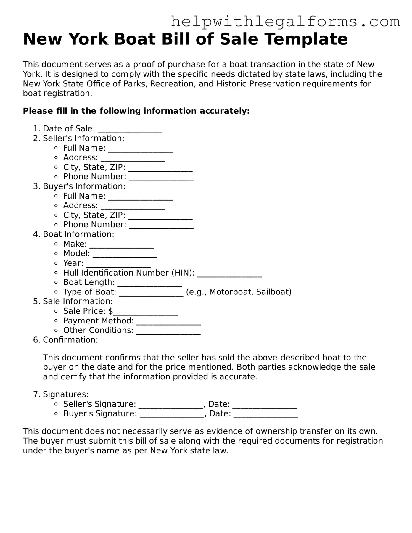 Blank  Boat Bill of Sale Form for New York