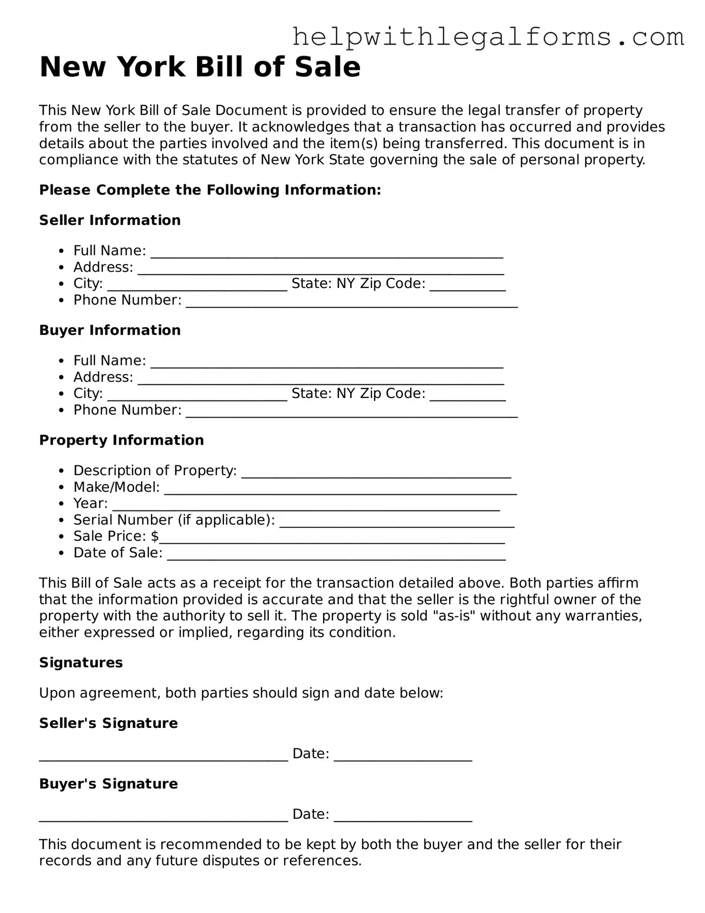 Blank  Bill of Sale Form for New York