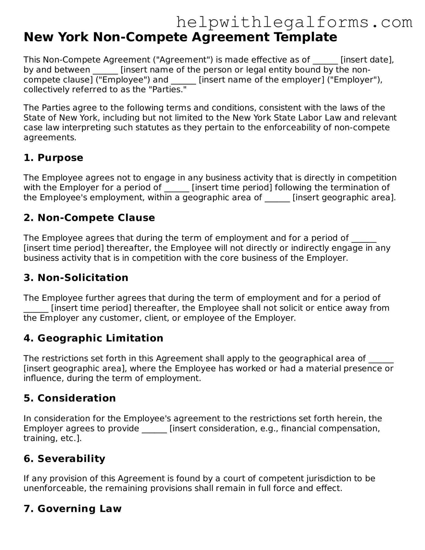Blank  Non-compete Agreement Form for New York