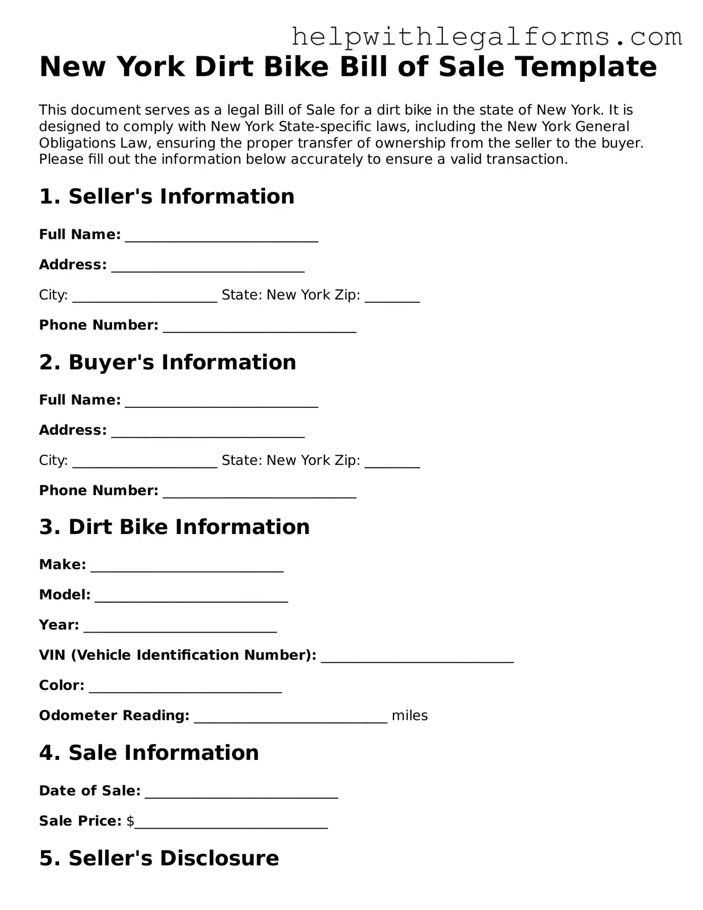 Blank  Dirt Bike Bill of Sale Form for New York