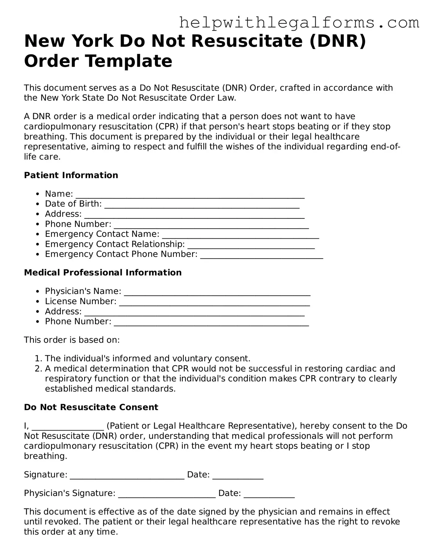 Blank  Do Not Resuscitate Order Form for New York
