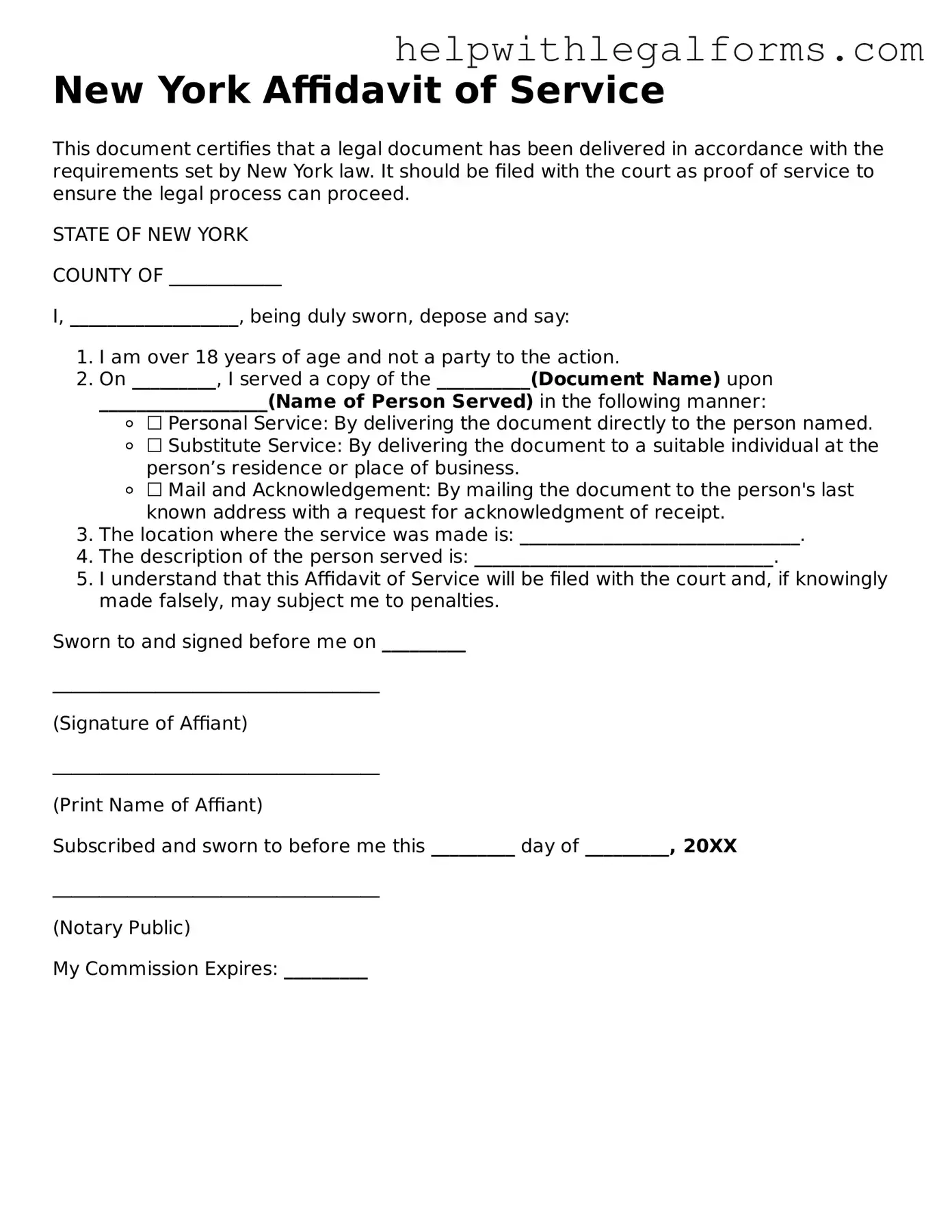 Blank  Affidavit of Service Form for New York