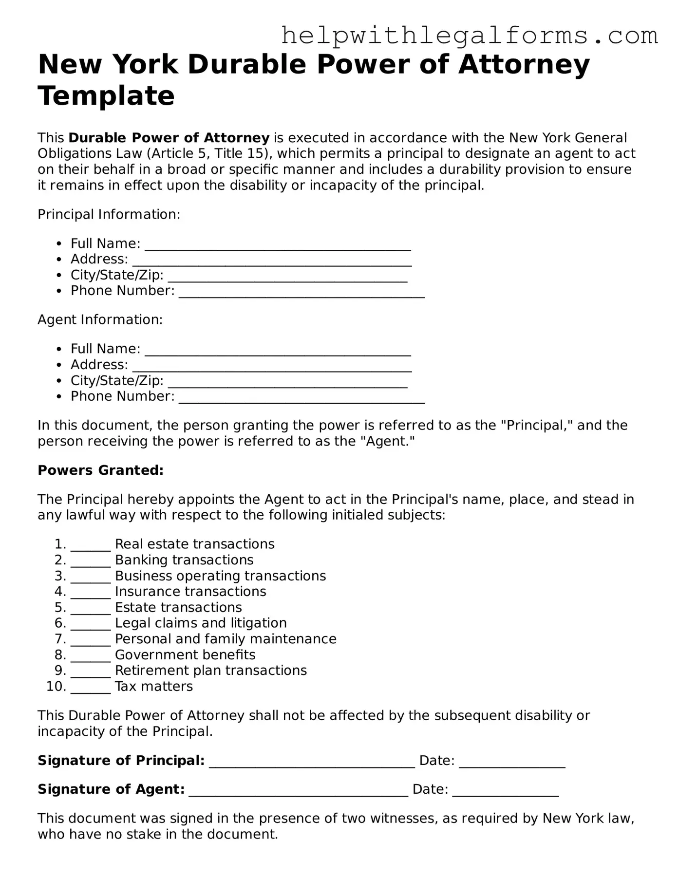 Blank  Durable Power of Attorney Form for New York