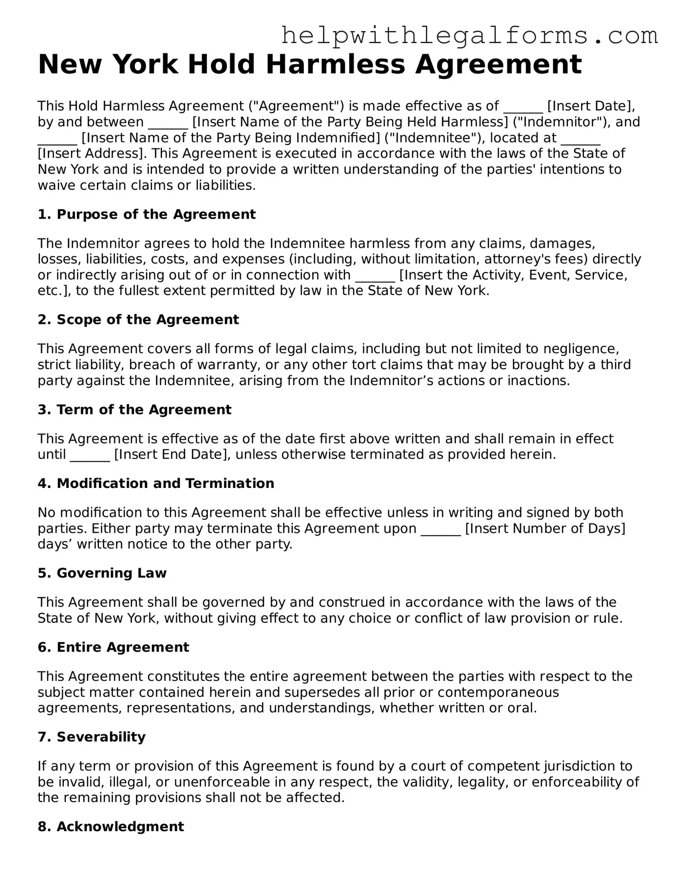 Blank  Hold Harmless Agreement Form for New York