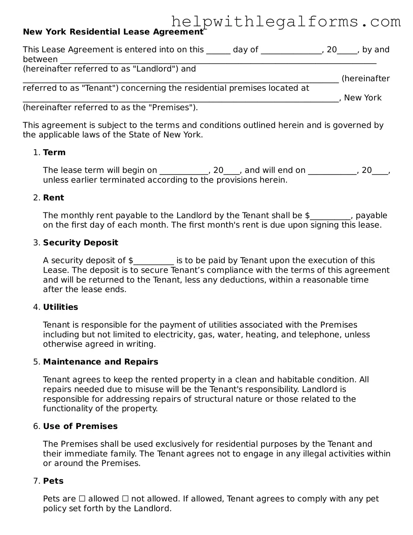 Blank  Residential Lease Agreement Form for New York