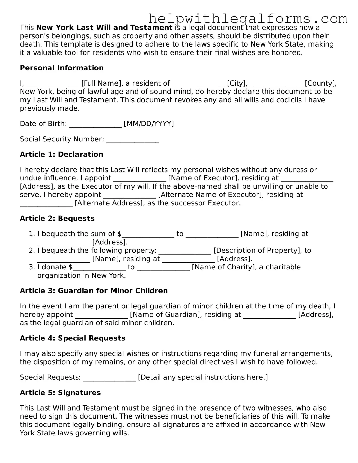 Blank  Last Will and Testament Form for New York