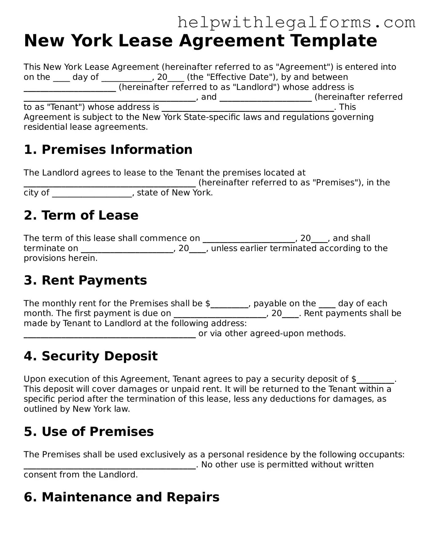 Blank  Lease Agreement Form for New York