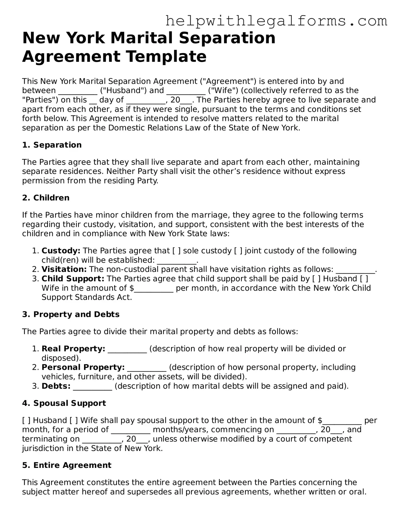 Blank  Marital Separation Agreement Form for New York