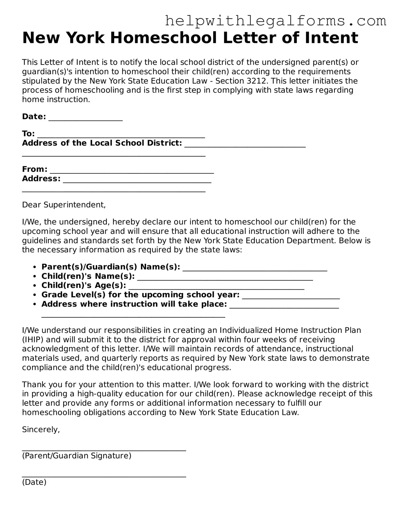 Blank  Homeschool Letter of Intent Form for New York