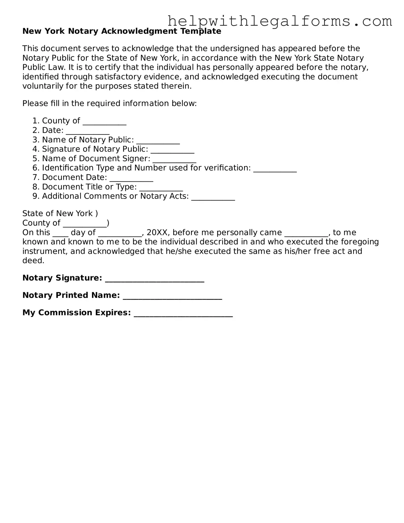 Blank  Notary Acknowledgement Form for New York