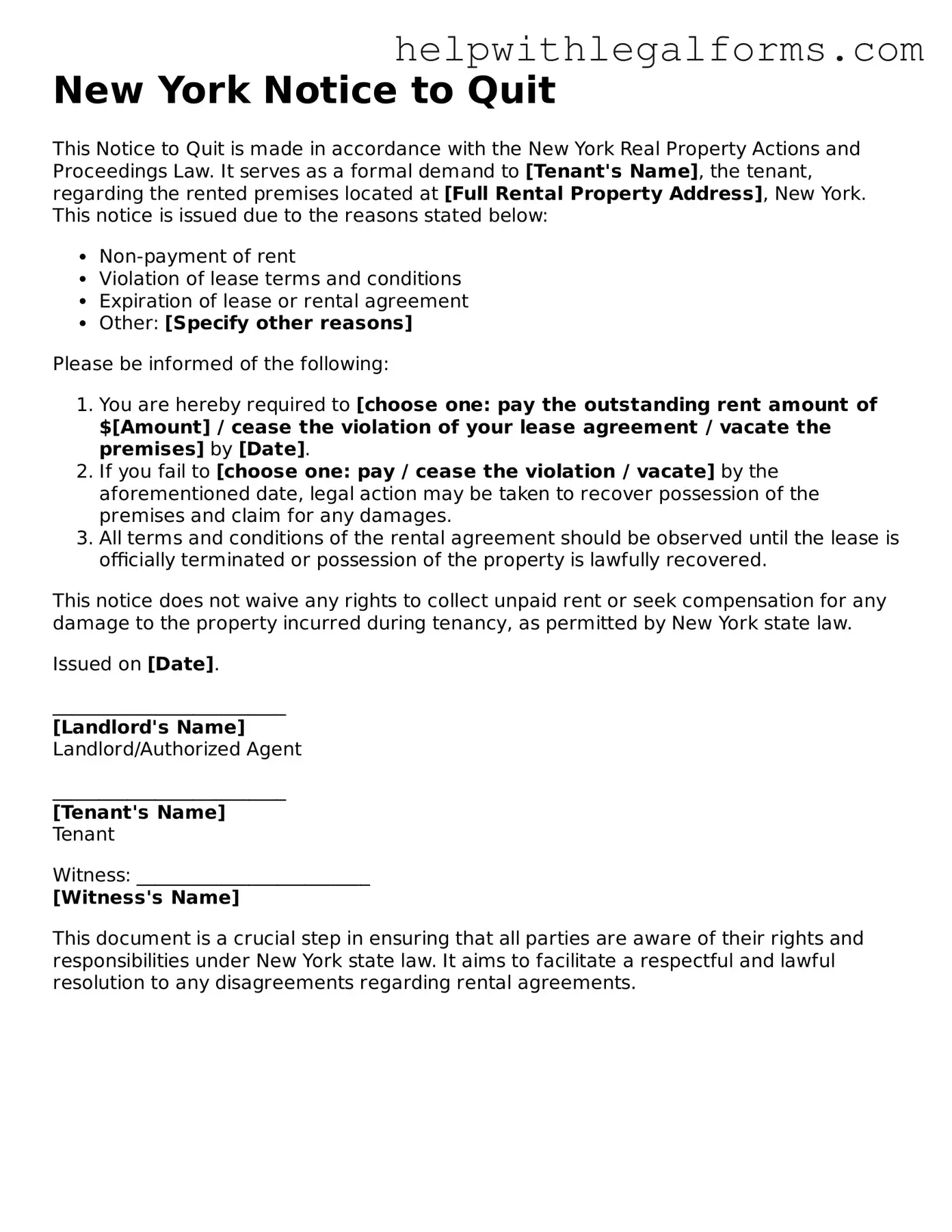 Blank  Notice to Quit Form for New York
