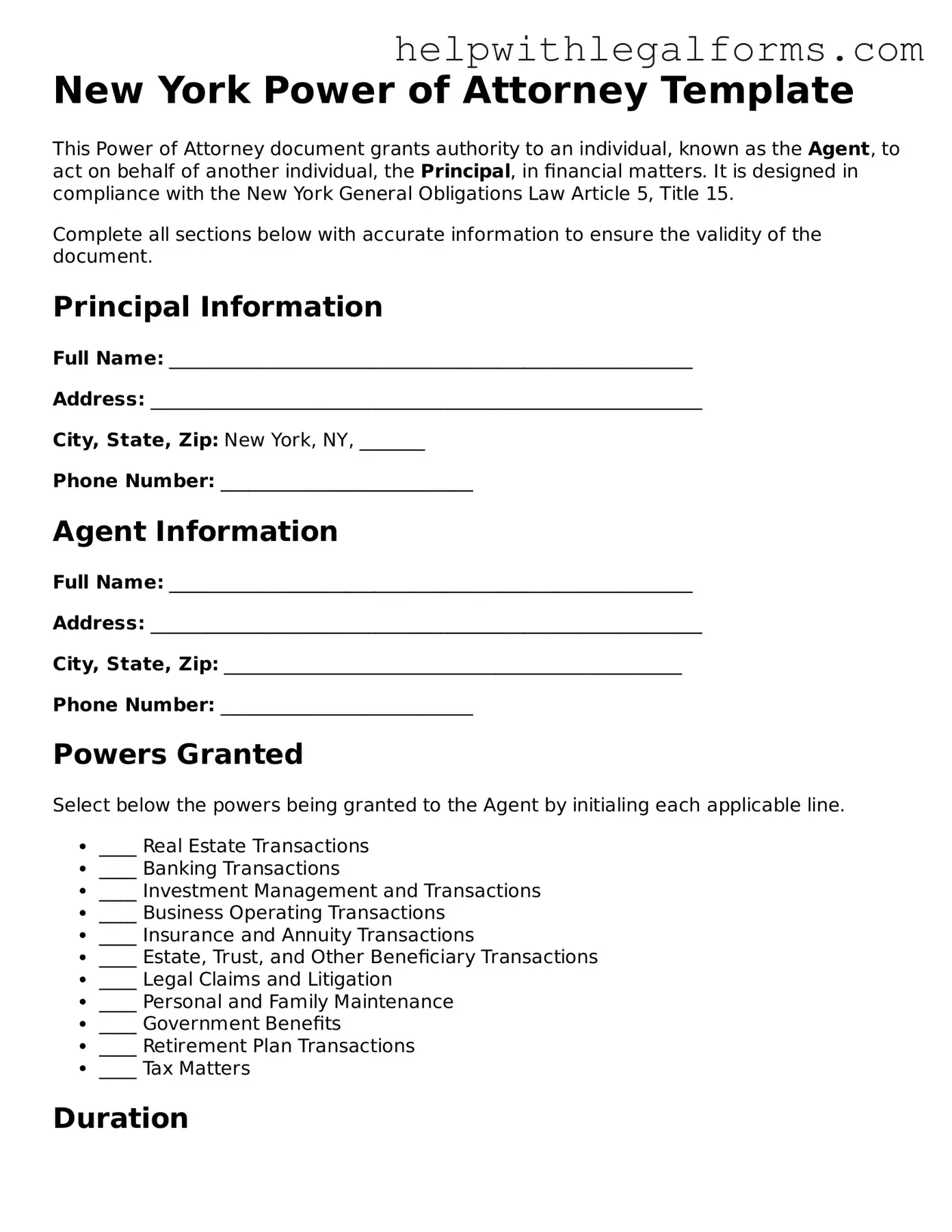 Blank  Power of Attorney Form for New York